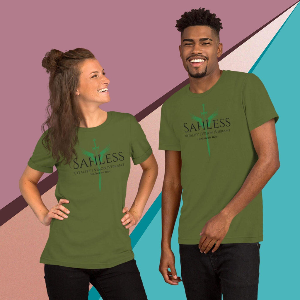 Unisex t-shirt with "SahLess Lead the Way" design, soft lightweight fabric, olive green color.