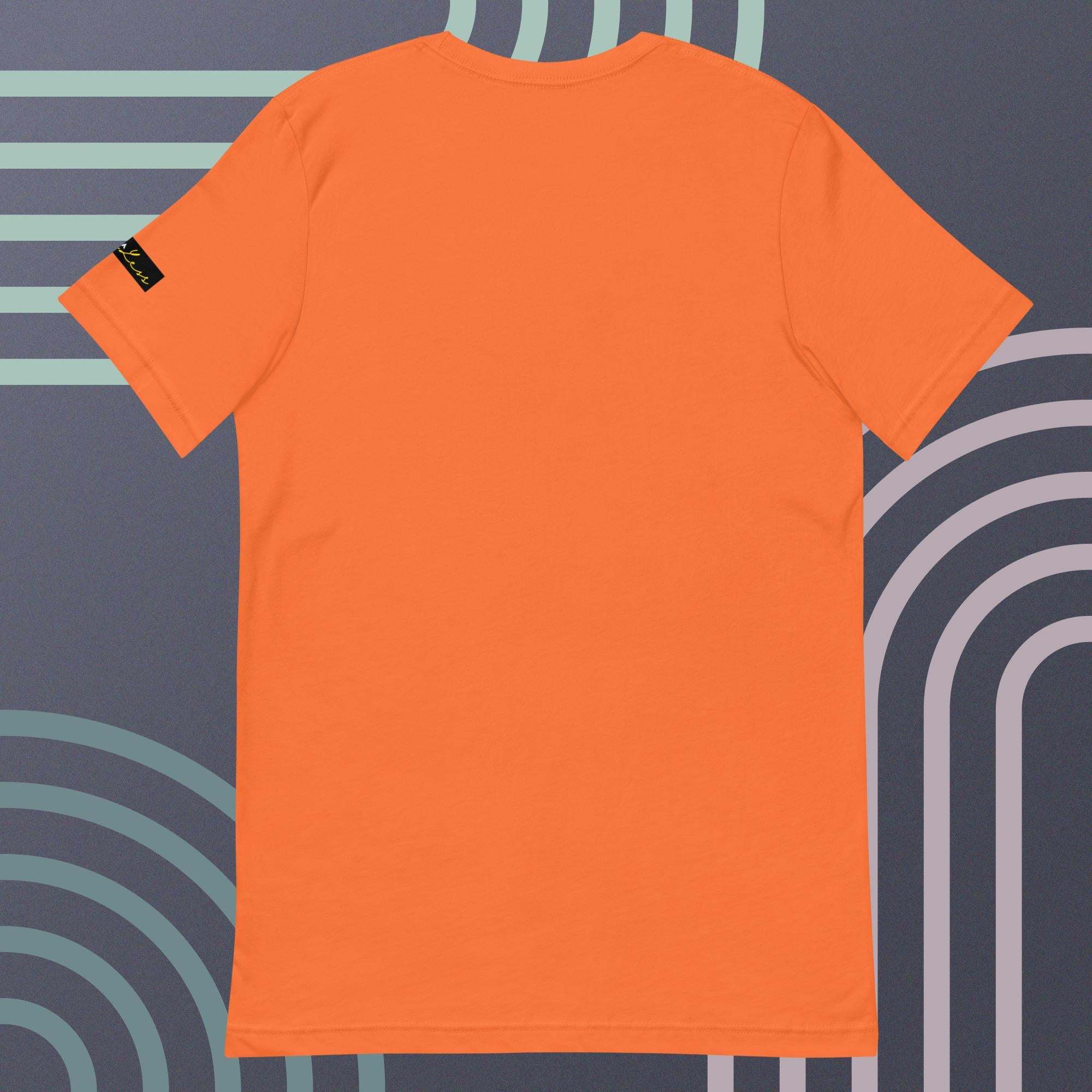 Unisex orange t-shirt by SahLess with "Crown and Signature" design, soft and stretchy.