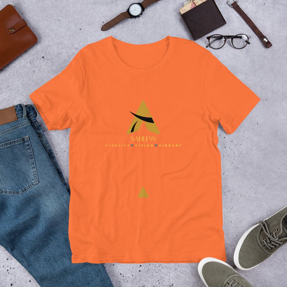 Unisex SahLess T-shirt in orange, 100% cotton, pre-shrunk fabric, side-seamed construction.