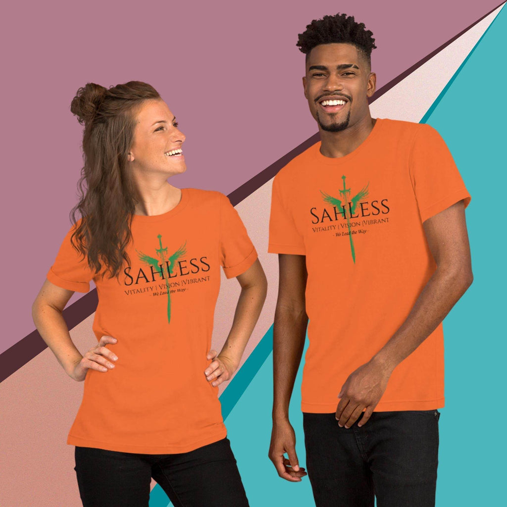 SahLess Lead the Way unisex t-shirt in orange with soft, lightweight feel.