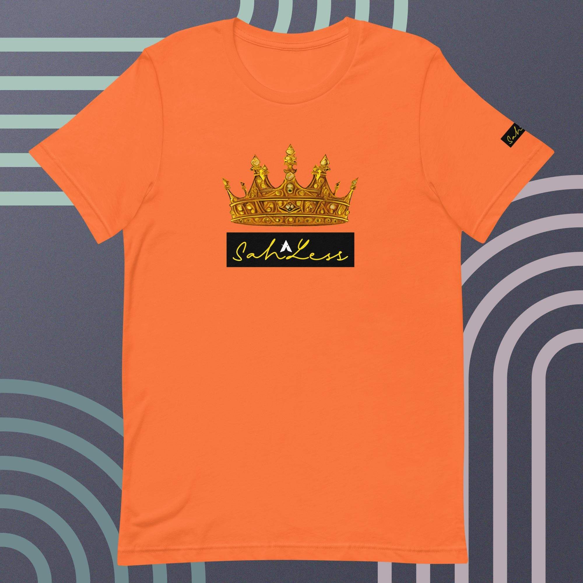Unisex orange t-shirt with a gold crown and "SahLess" signature design.