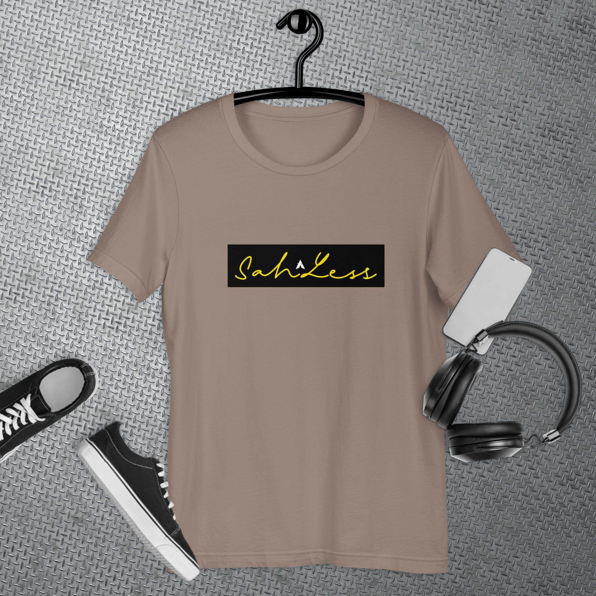 SahLess Signature Unisex T-shirt in lightweight cotton with side-seamed construction.