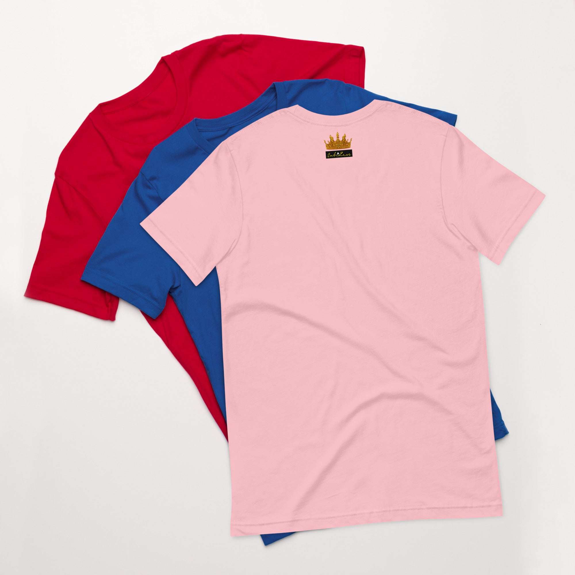 Stamp Signature SahLess Unisex T-Shirt in red, blue, and pink.