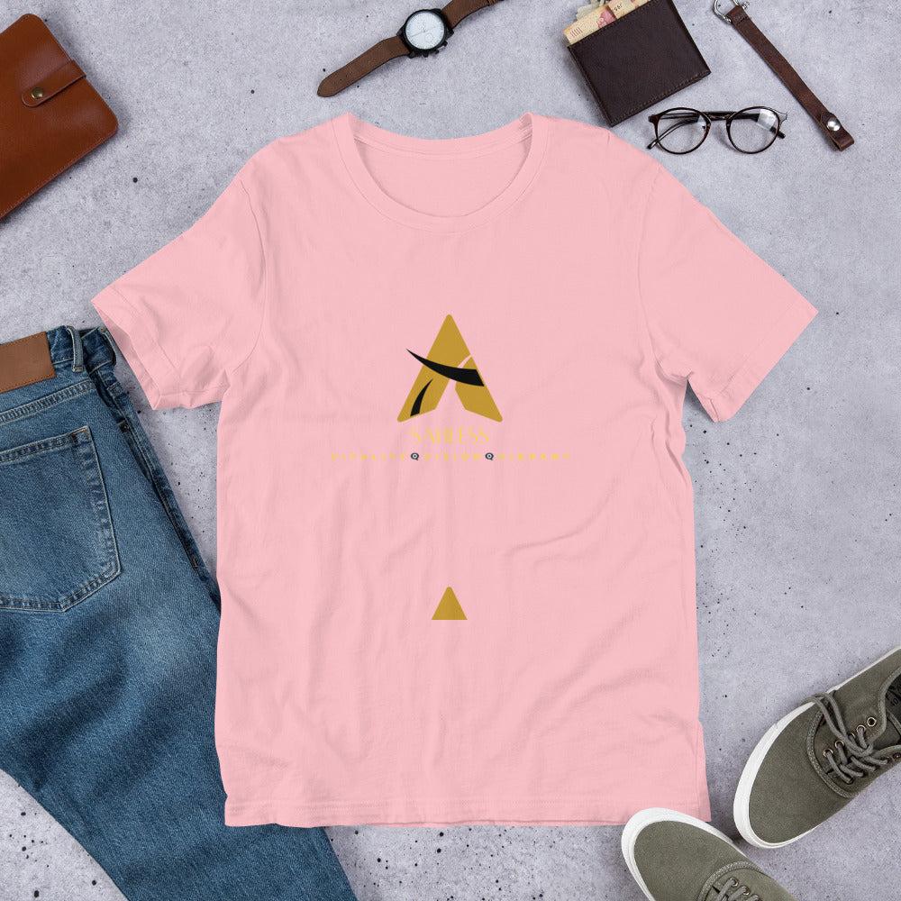 SahLess T-shirt Unisex in pink, 100% cotton, pre-shrunk, side-seamed, comfortable fit.