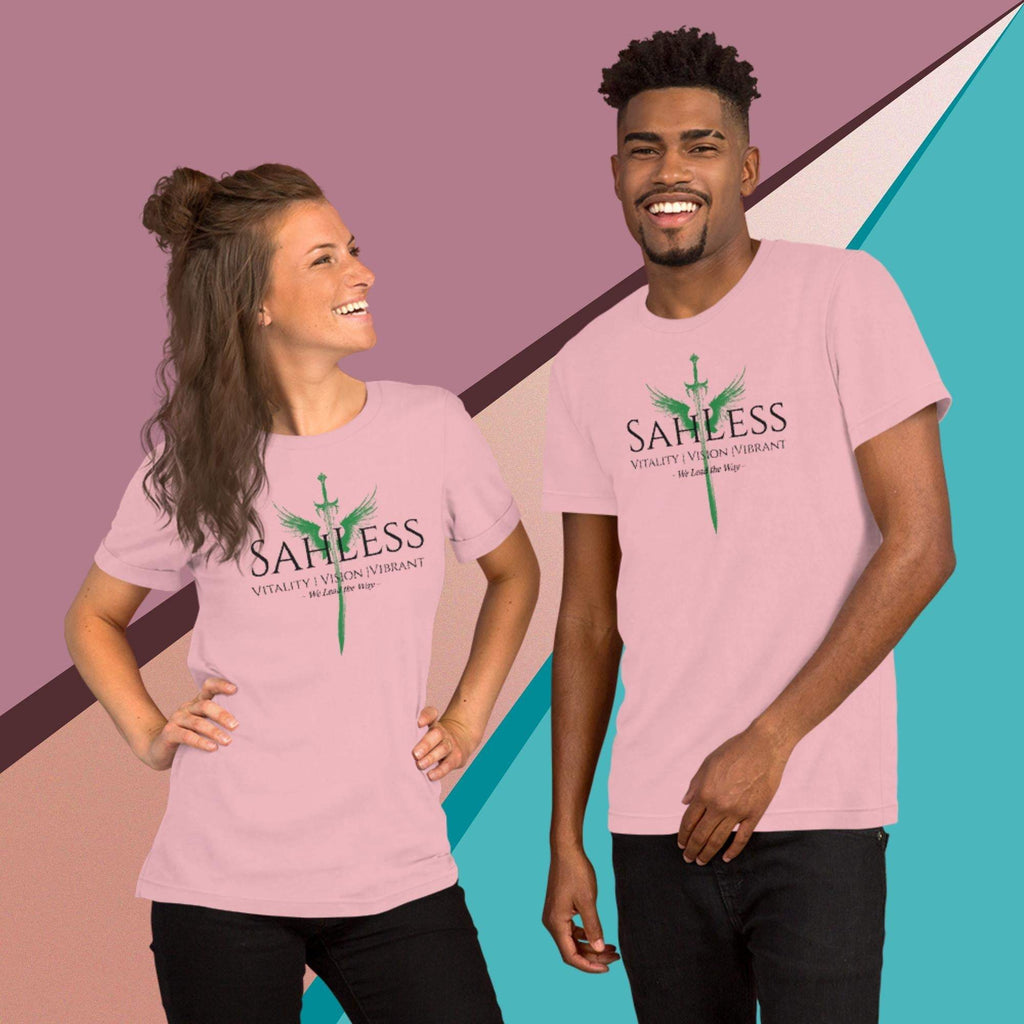 Unisex t-shirt featuring "SahLess Lead the Way" design, soft cotton, lightweight, with stretch; comfortable fit.