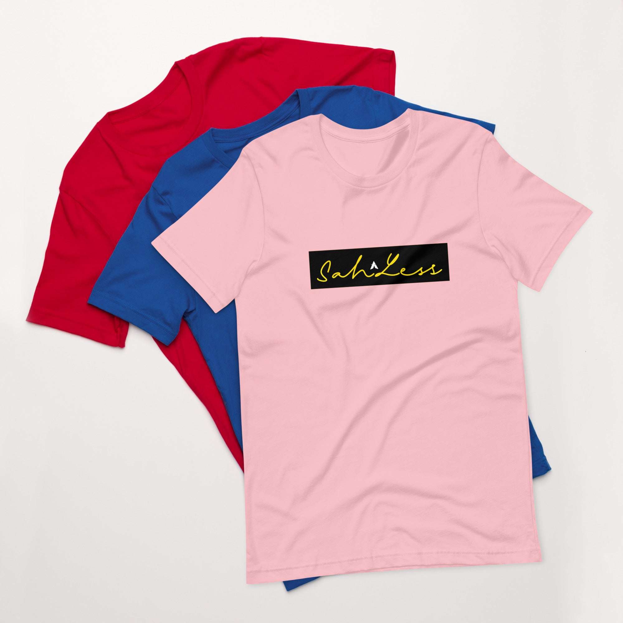Stamp Signature SahLess Unisex T-Shirt in pink, blue, and red; lightweight cotton, modern casual style.