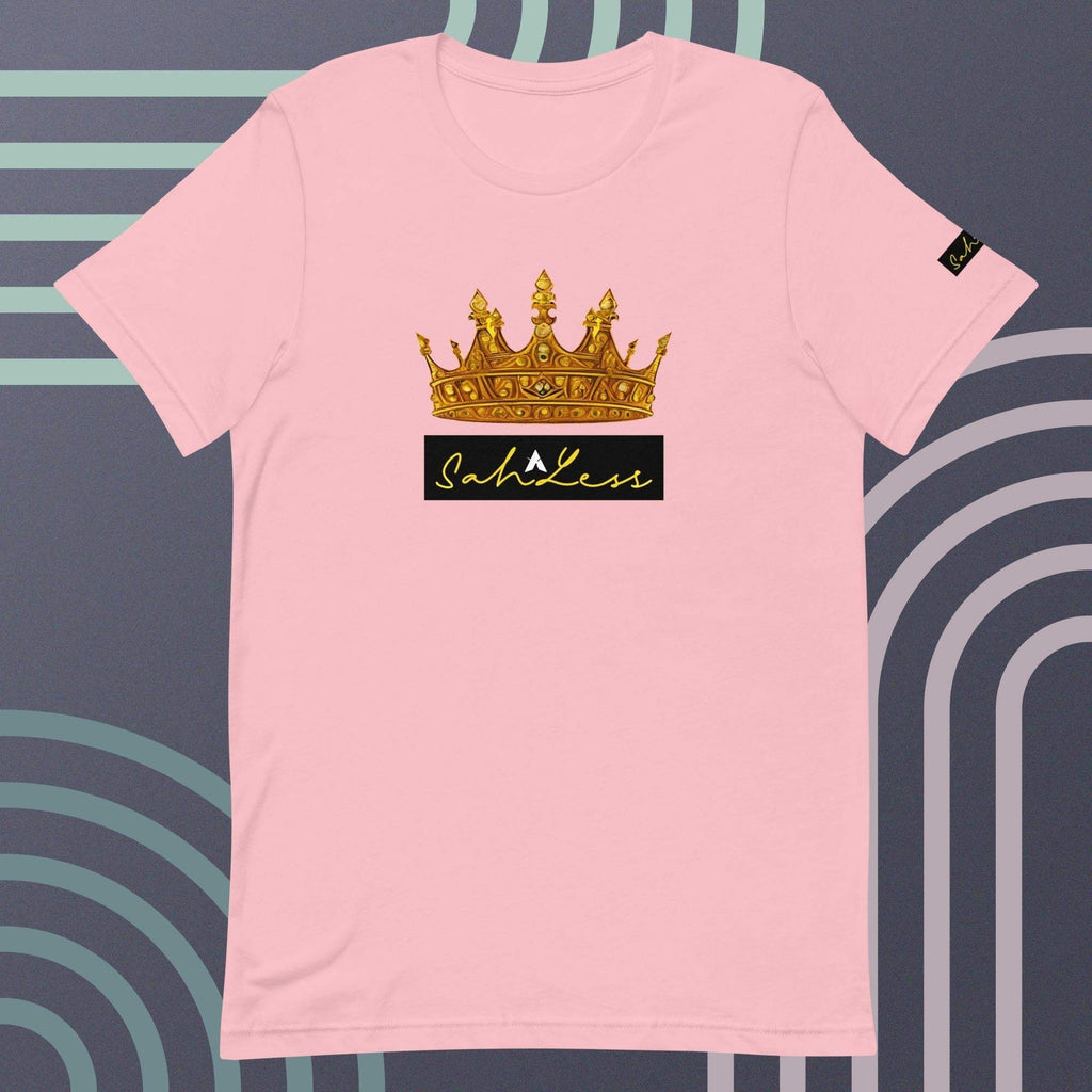Unisex pink t-shirt featuring a crown and signature design by SahLess.
