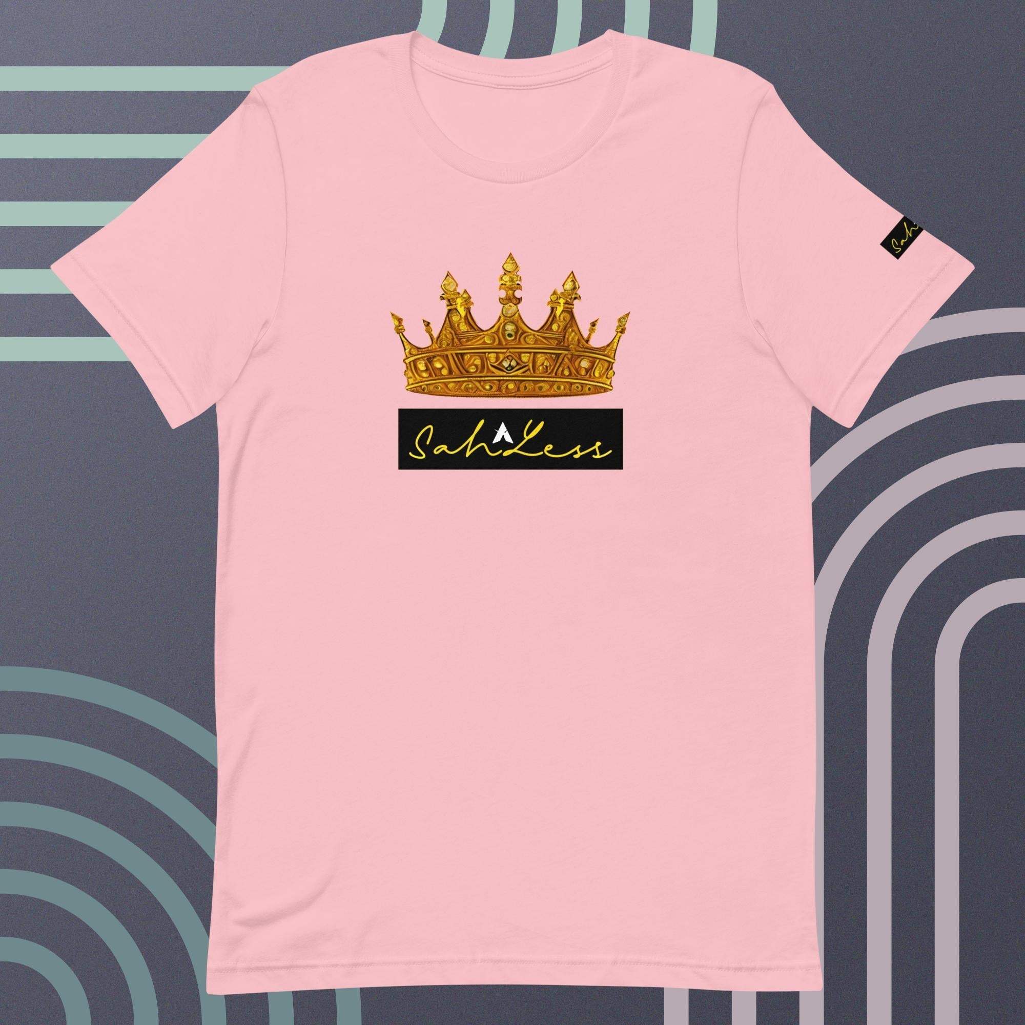 Unisex pink t-shirt featuring a crown and signature design by SahLess.