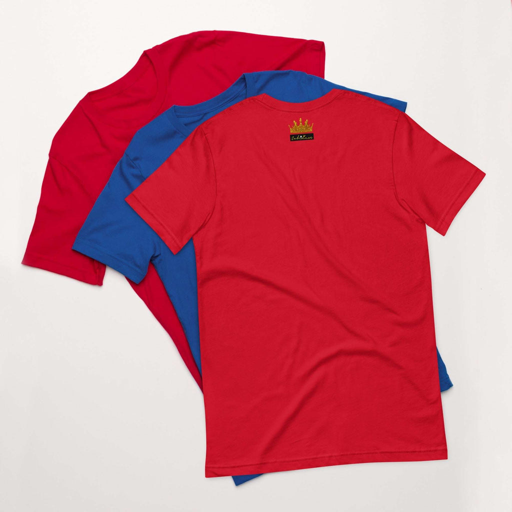 Unisex Stamp Signature T-Shirt with side-seamed construction in red and blue.