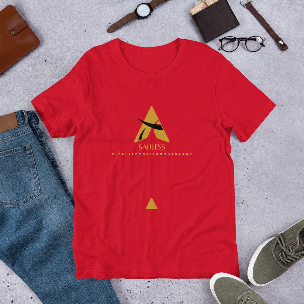 Unisex SahLess T-shirt in red, made of 100% cotton with side-seamed construction and pre-shrunk fabric.