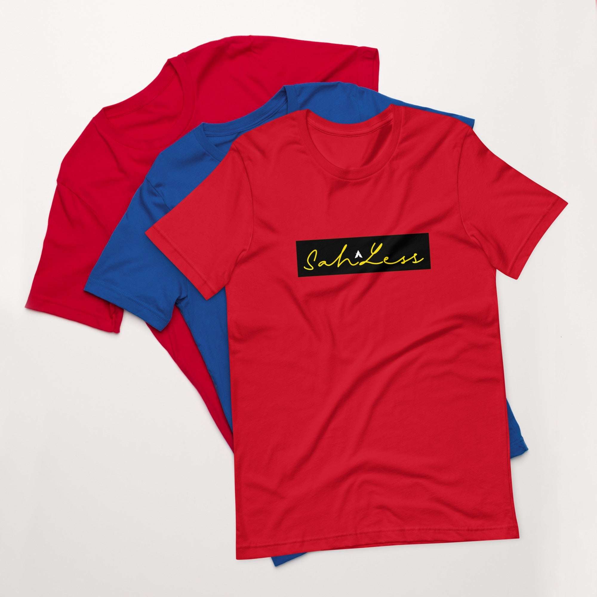 Stamp Signature SahLess Unisex T-Shirt in red, blue, and black, made from 100% combed cotton, for a comfortable and stylish everyday look.