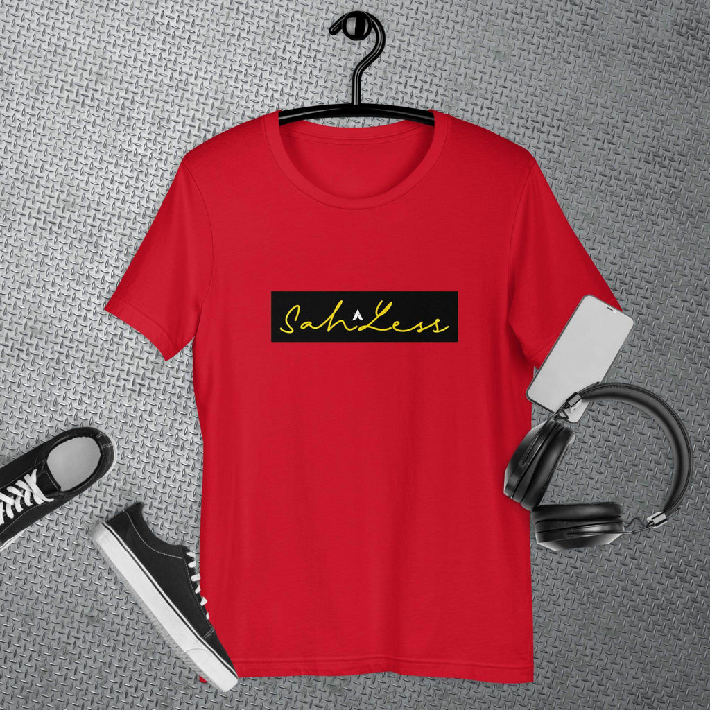 SahLess Signature unisex red t-shirt on hanger with sneakers and headphones.