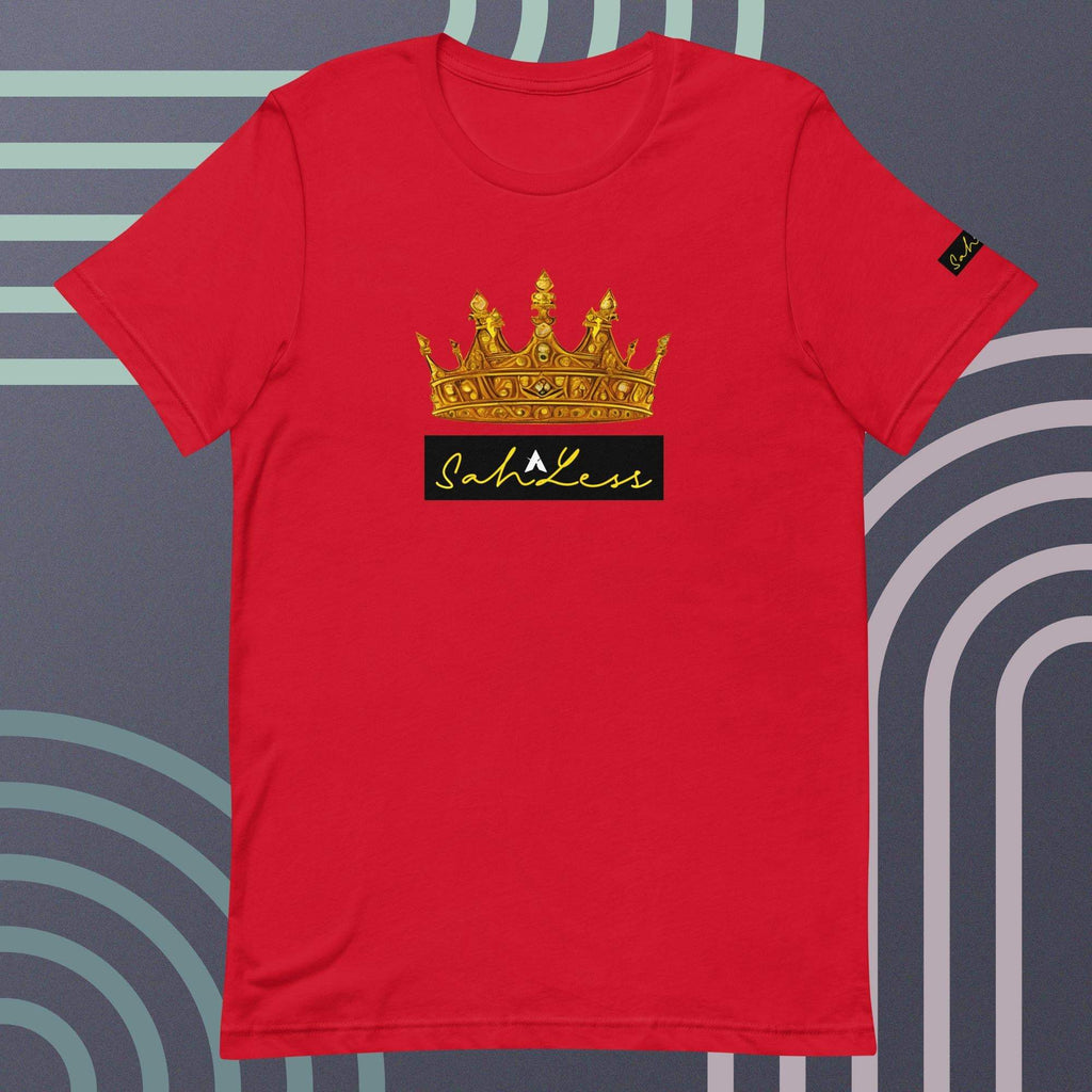 Red unisex t-shirt with a crown and "SahLess" signature design.