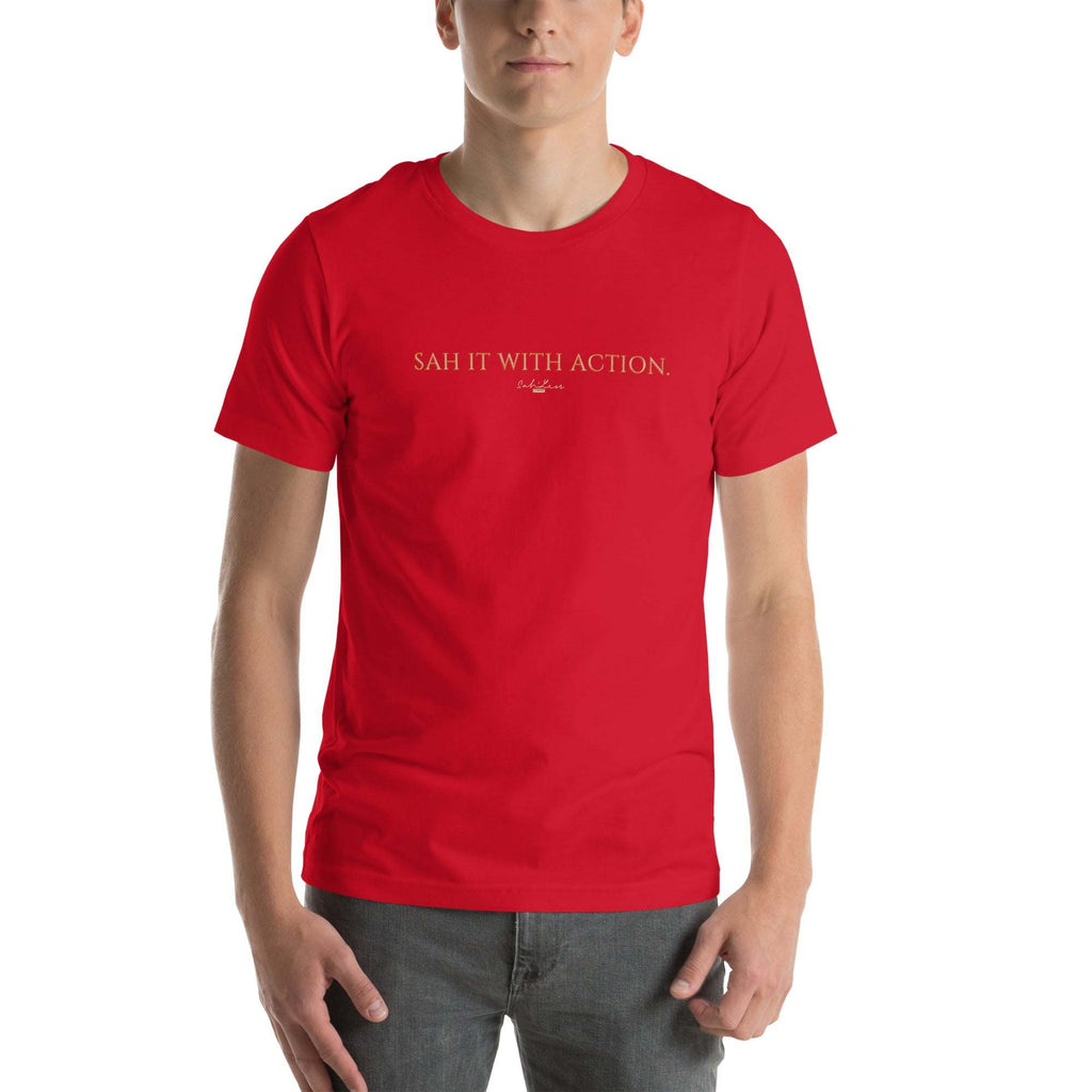 Unisex black T-shirt with "Sah it with Action" graphic.