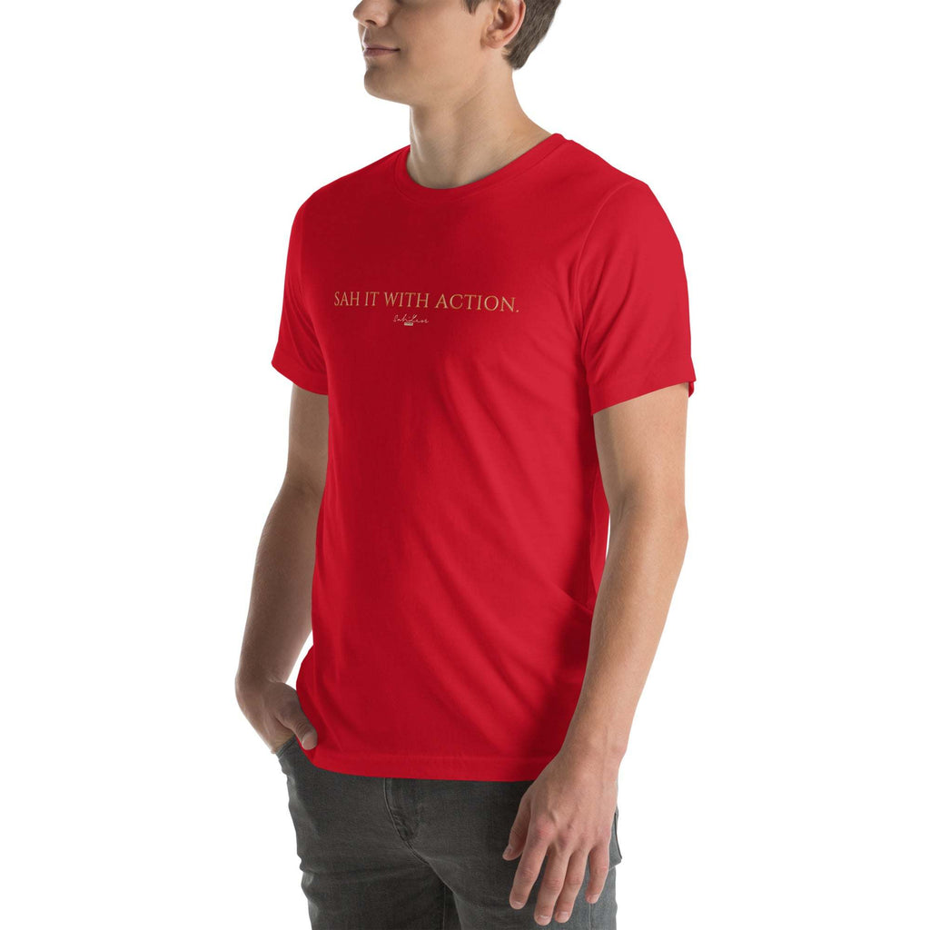 Unisex black T-shirt with "Sah it with Action" graphic, soft and breathable.