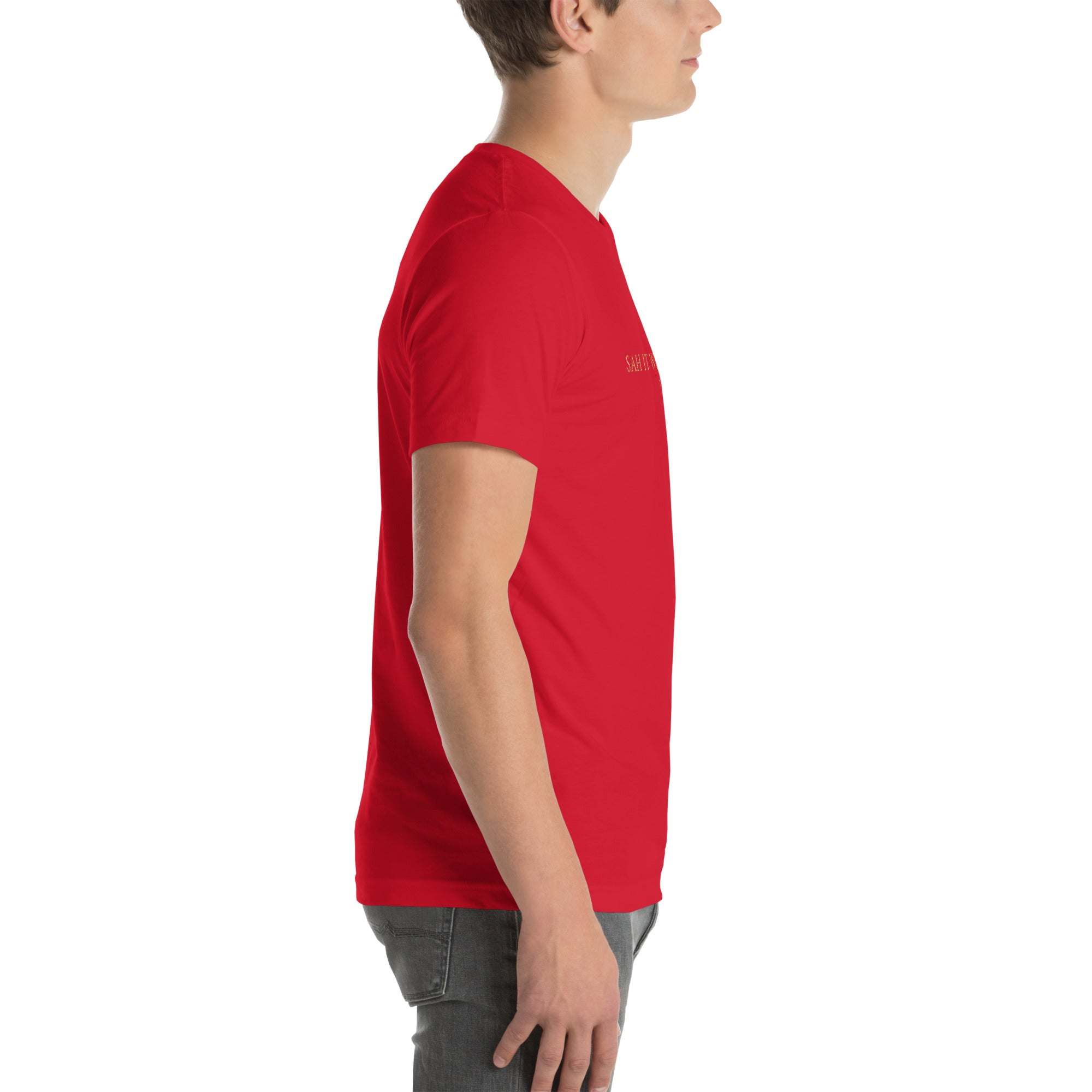 Black 'Sah it with Action' graphic unisex t-shirt with logo, made from soft and breathable combed ring-spun cotton.