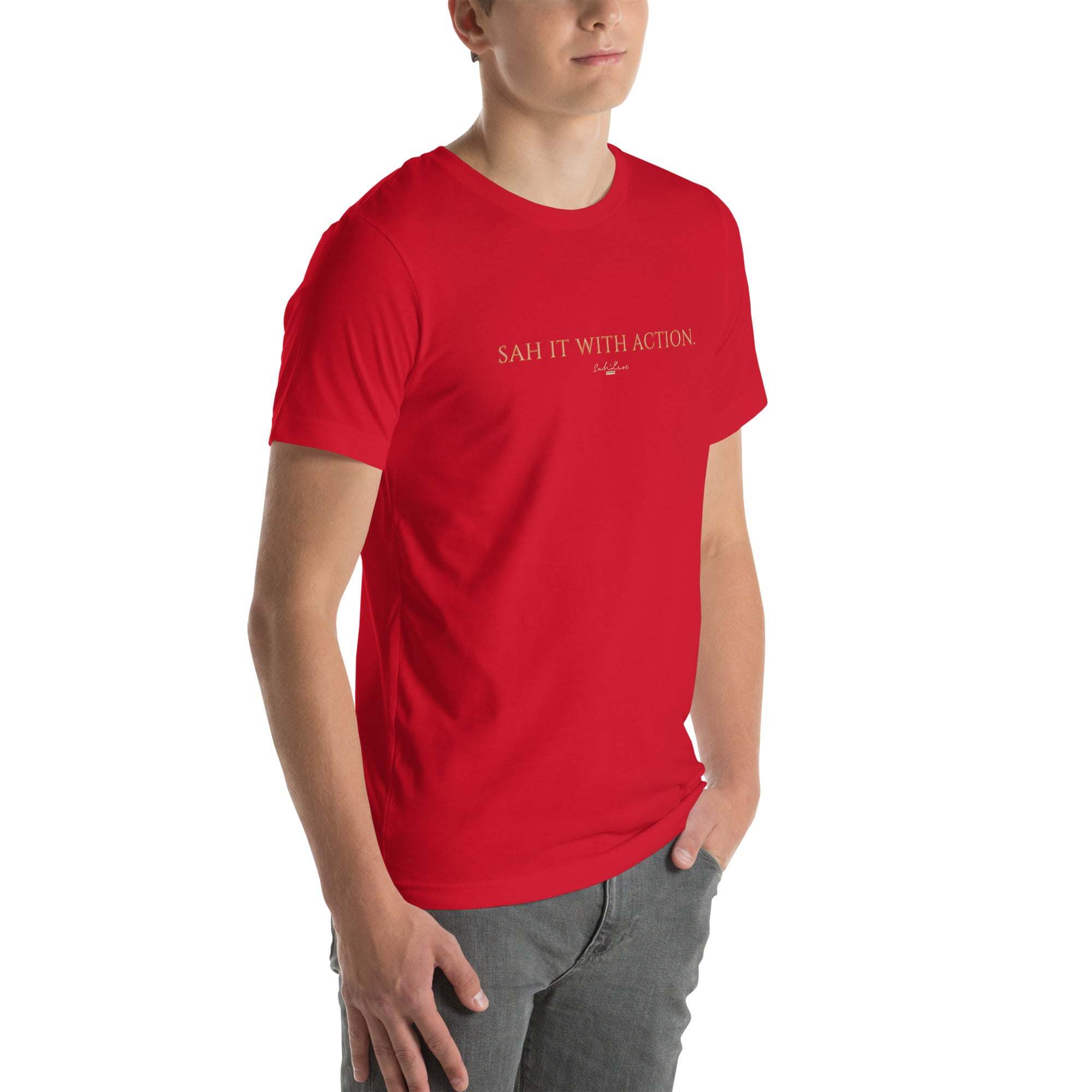 Unisex black t-shirt with 'Sah it with Action' graphic, soft and stretchy fabric.