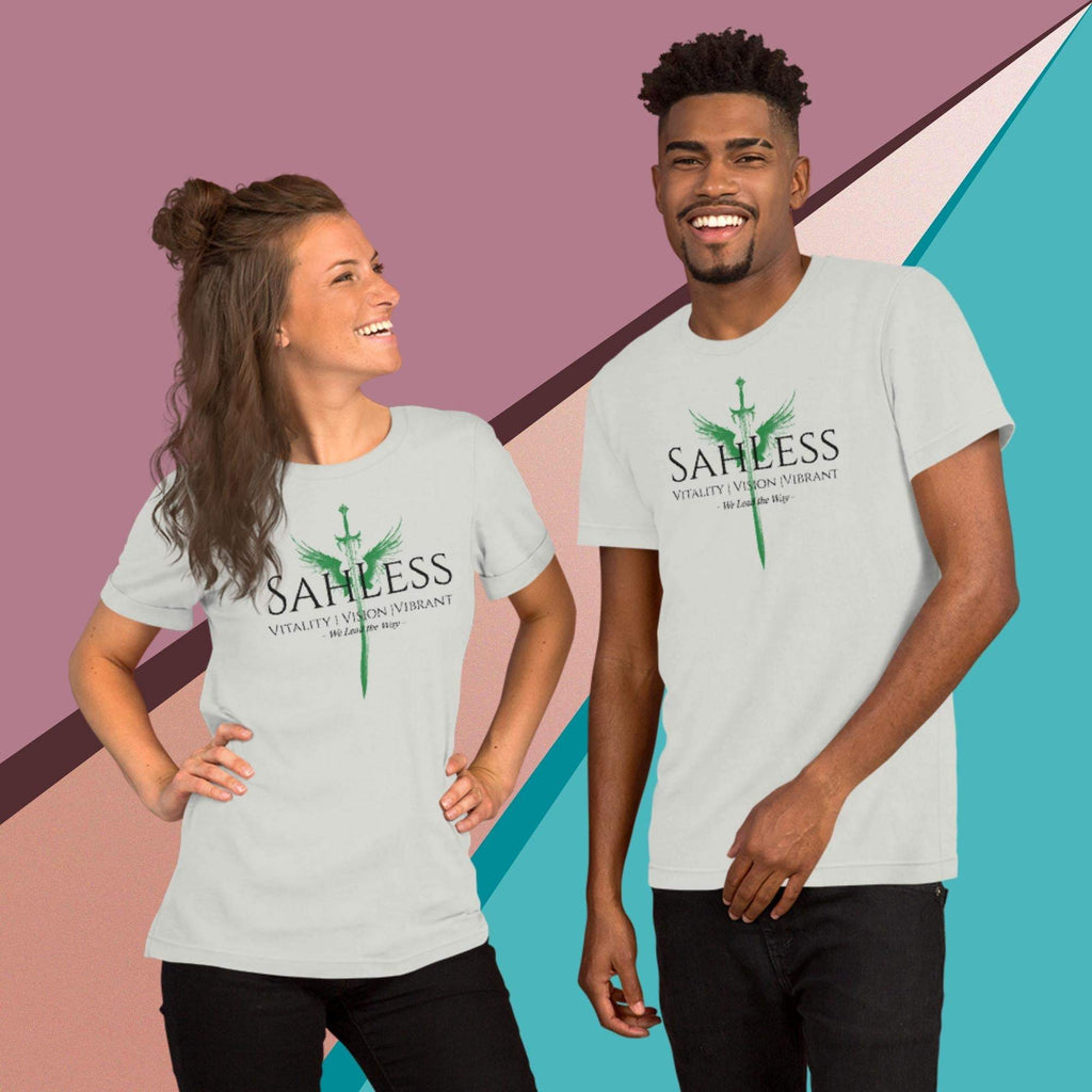 SahLess Lead the Way unisex t-shirt in heather gray with green graphics.
