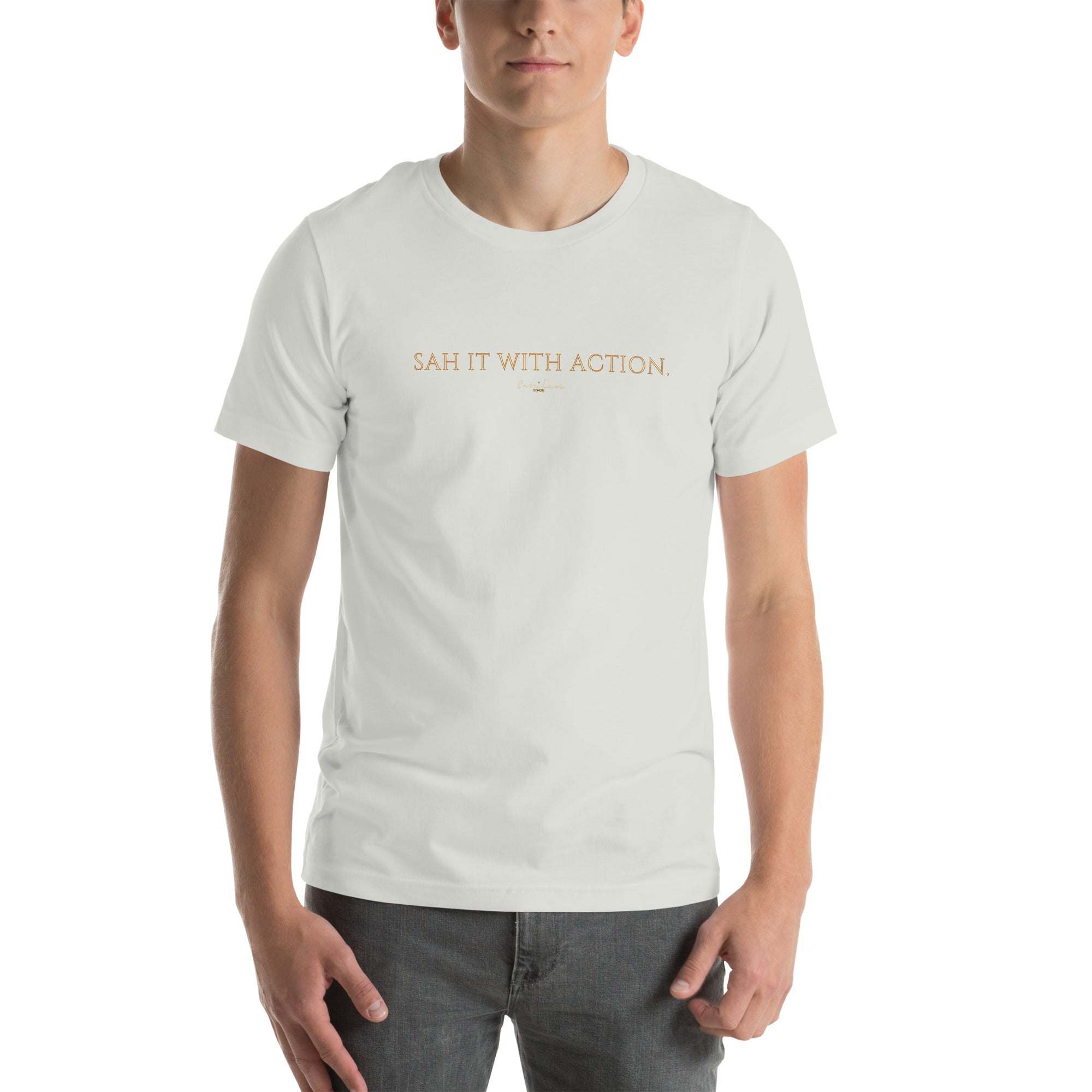 Black 'Sah it with Action' graphic unisex T-shirt featuring logo design, soft and breathable fabric.