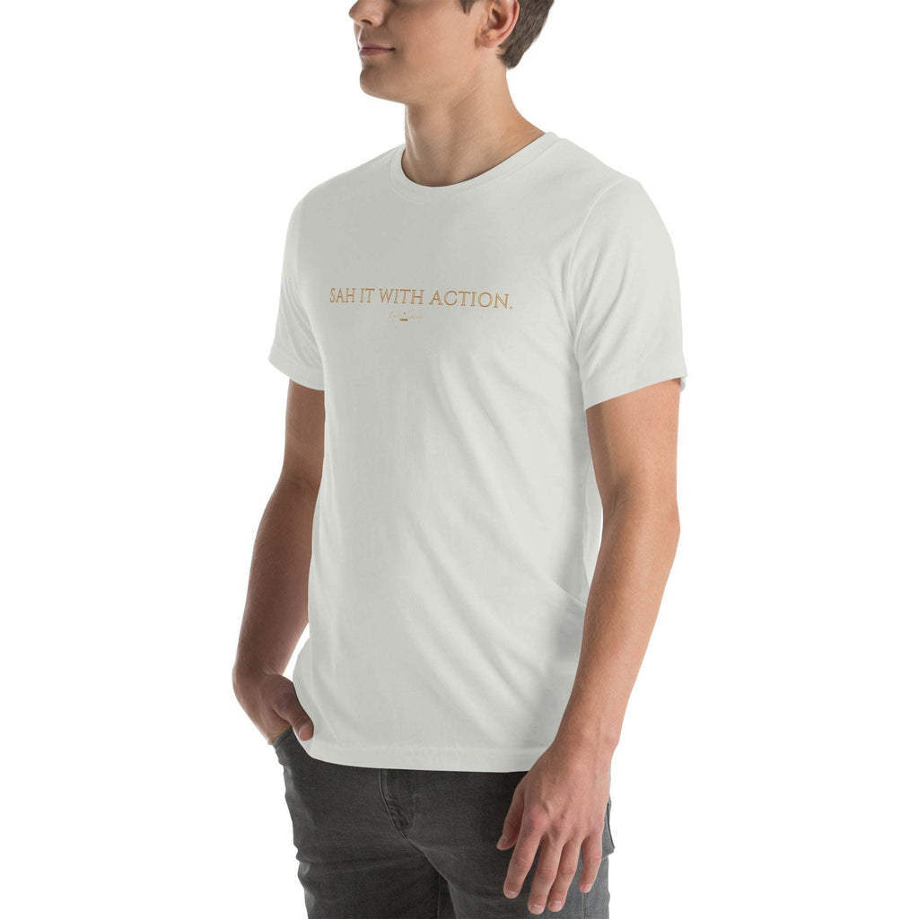 Black 'Sah it with Action' graphic unisex T-shirt by Sahless; soft, breathable, stretchy fabric.
