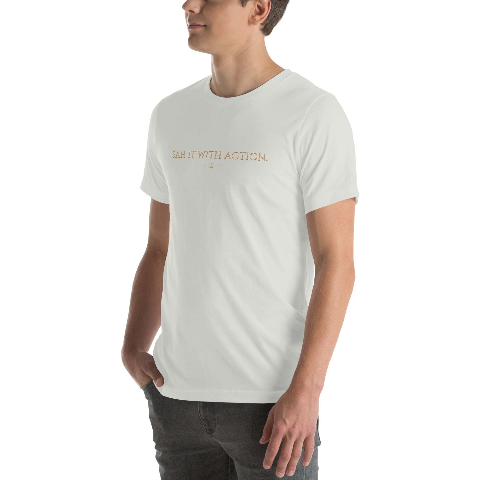 Black 'Sah it with Action' graphic unisex T-shirt by Sahless; soft, breathable, stretchy fabric.