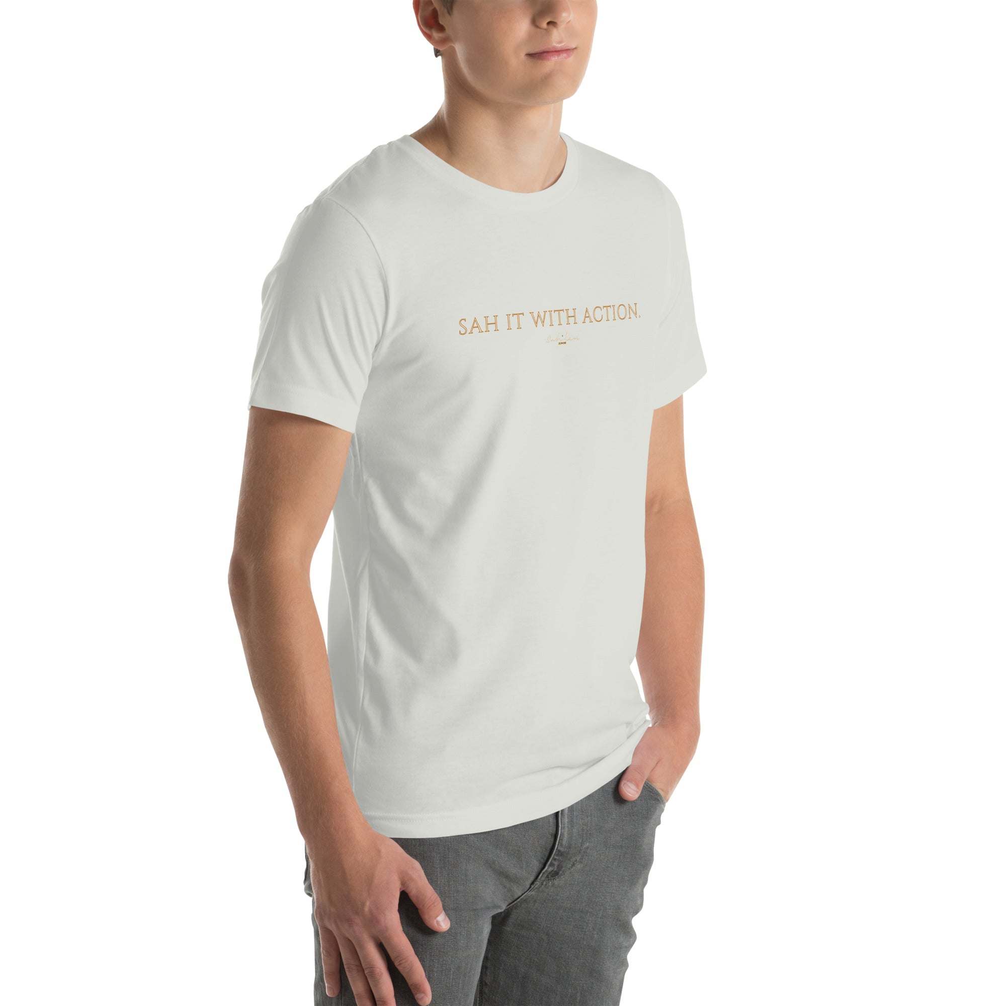 Black 'Sah it with Action' graphic unisex t-shirt, Sahless, soft breathable fabric.