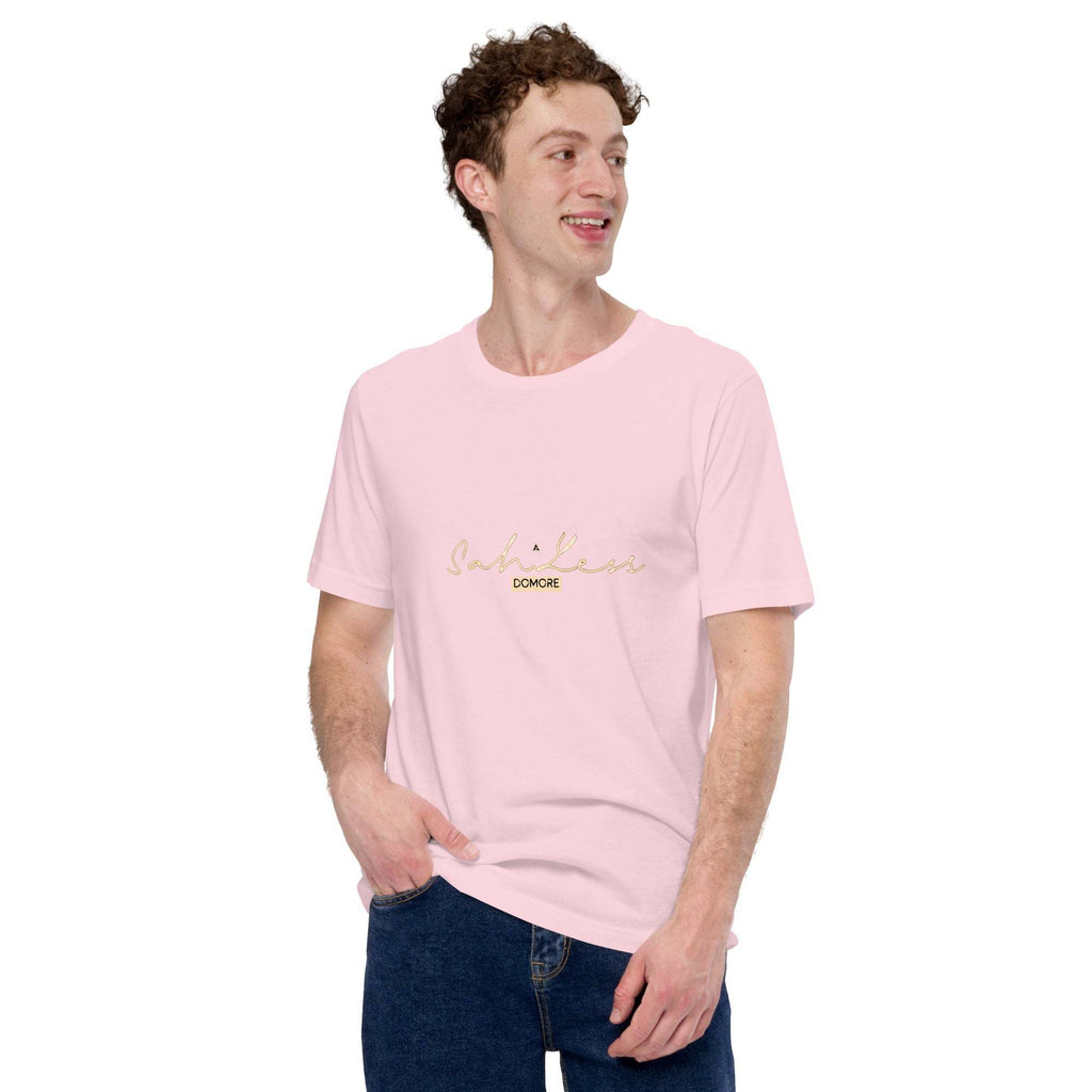 Unisex t-shirt in pink worn by a person, featuring "SahLess DoMore" text design.