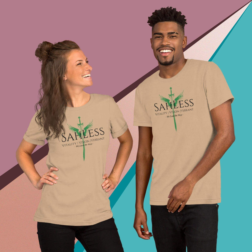 Unisex wearing SahLess Lead the Way t-shirt in beige with graphic design.