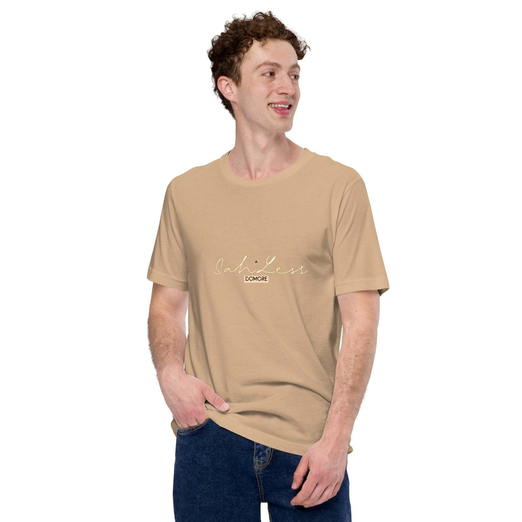 Unisex t-shirt with "SahLess DoMore" design, showcasing a relaxed fit for comfort and style.