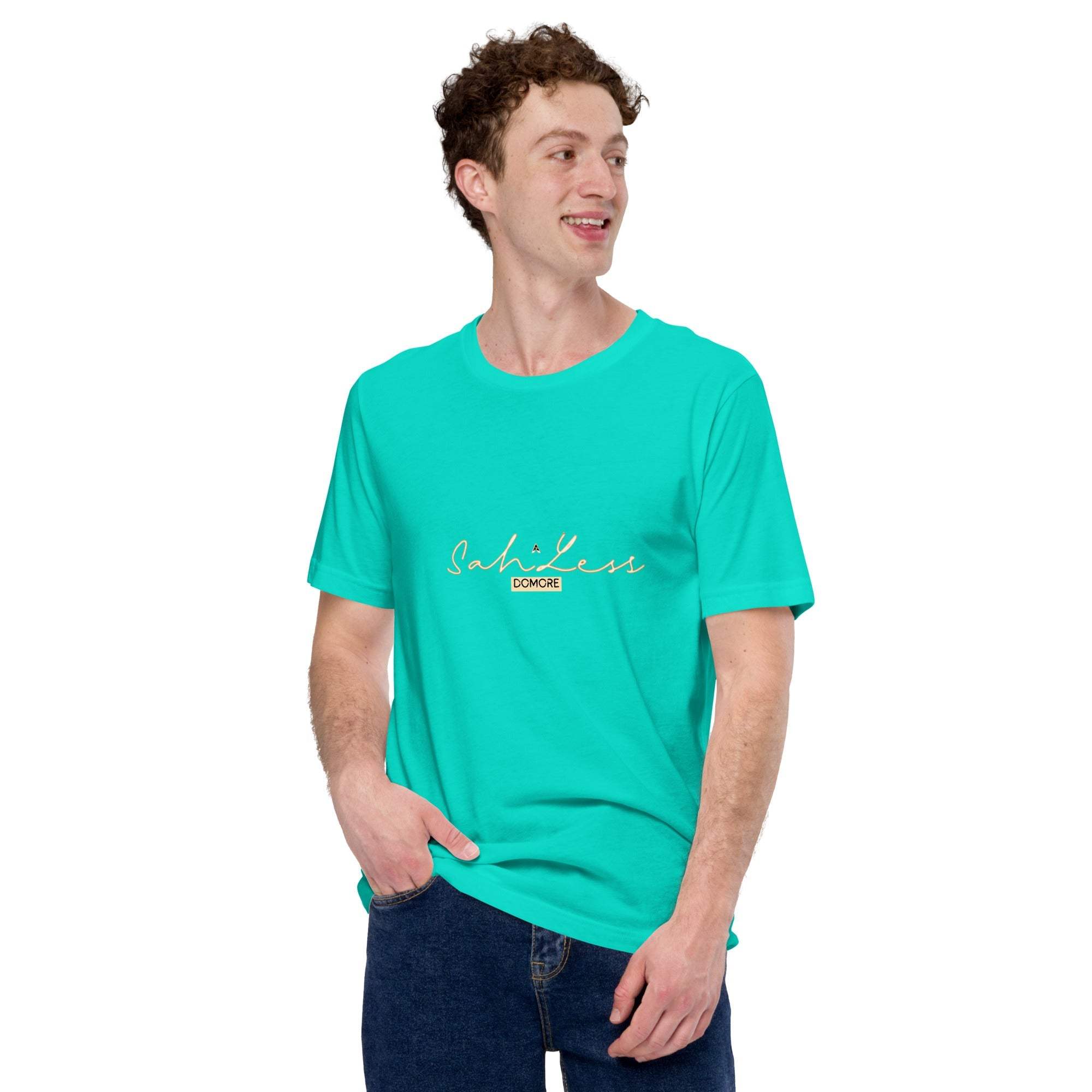 Unisex t-shirt in turquoise with "SahLess DoMore" design, suitable for both men and women.