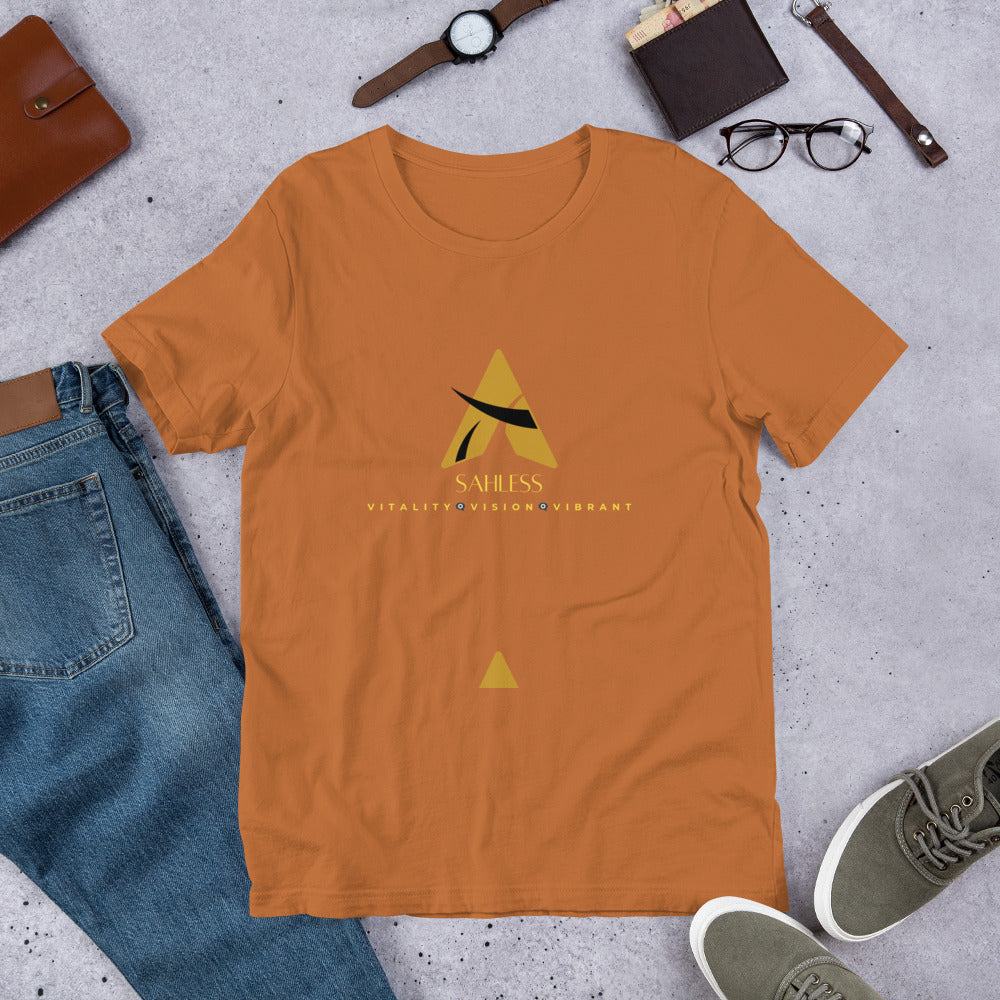 Unisex SahLess T-shirt in orange displayed with accessories, 100% cotton, pre-shrunk fabric.