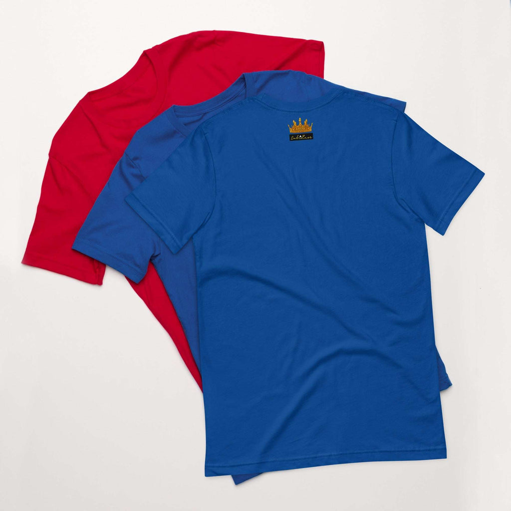 Blue and red Stamp Signature SahLess unisex t-shirt, lightweight cotton, laid-back style.