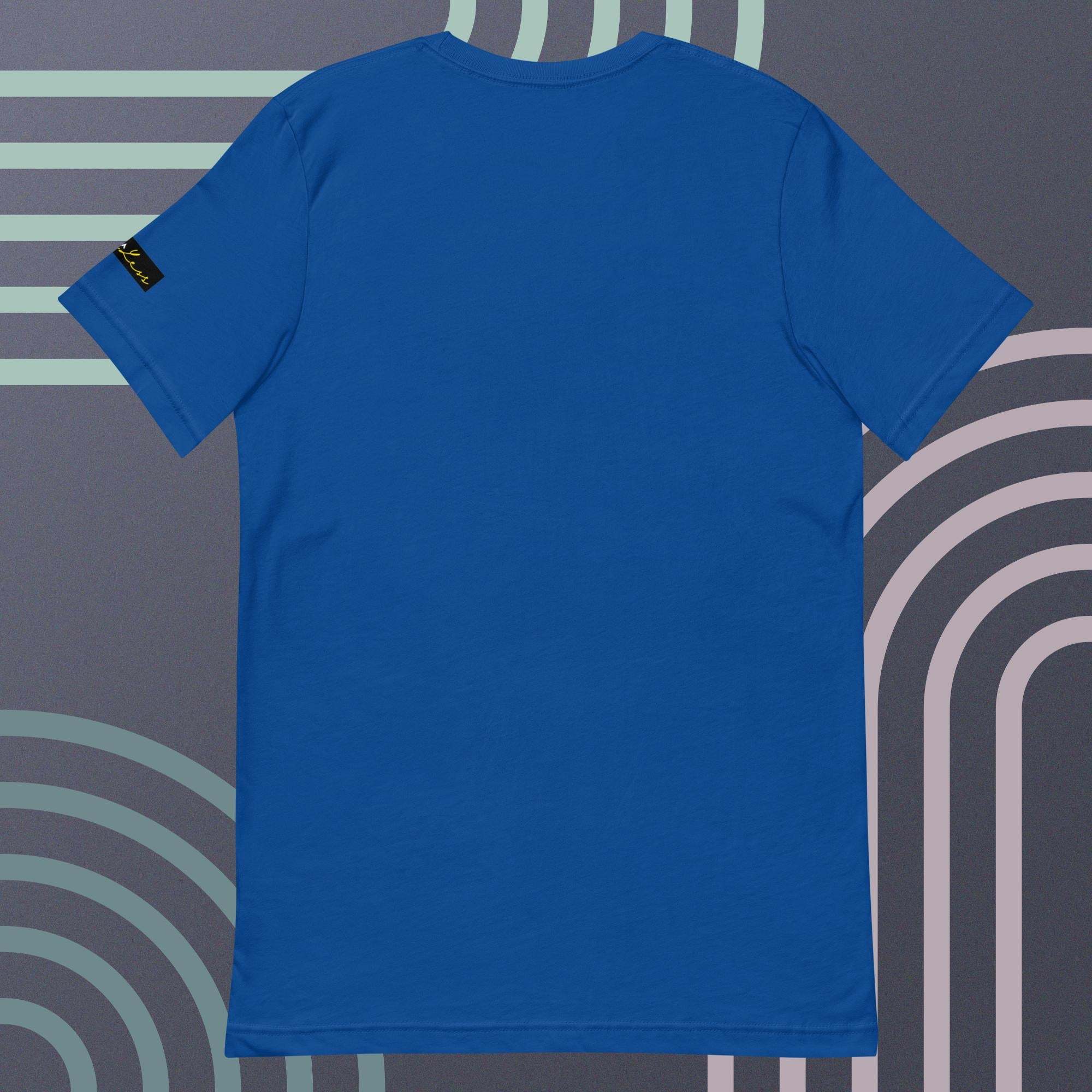 Blue unisex t-shirt with Crown and Signature design, soft cotton blend, and comfortable fit.