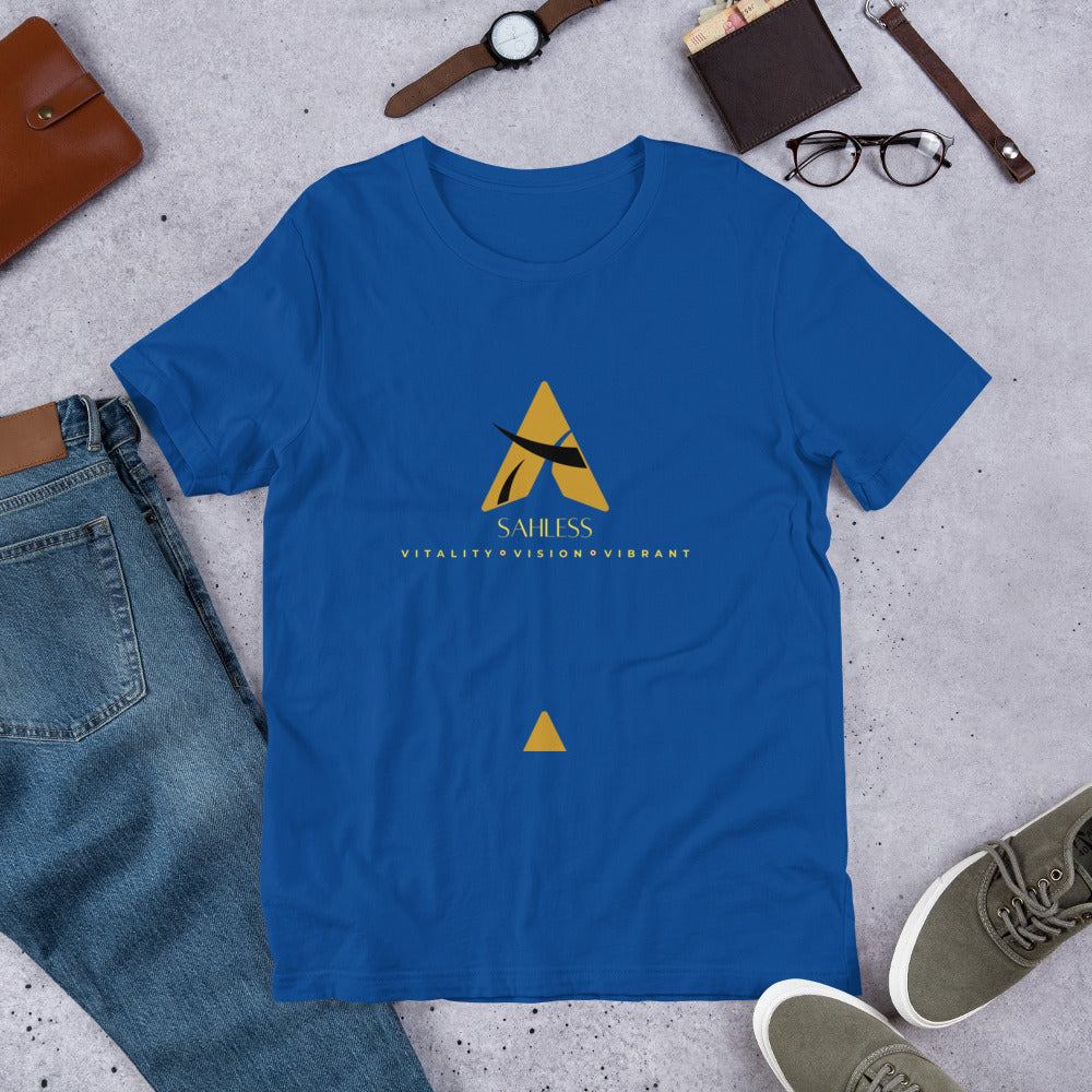 SahLess T-shirt Unisex - blue cotton tee with side-seamed construction, pre-shrunk fabric.
