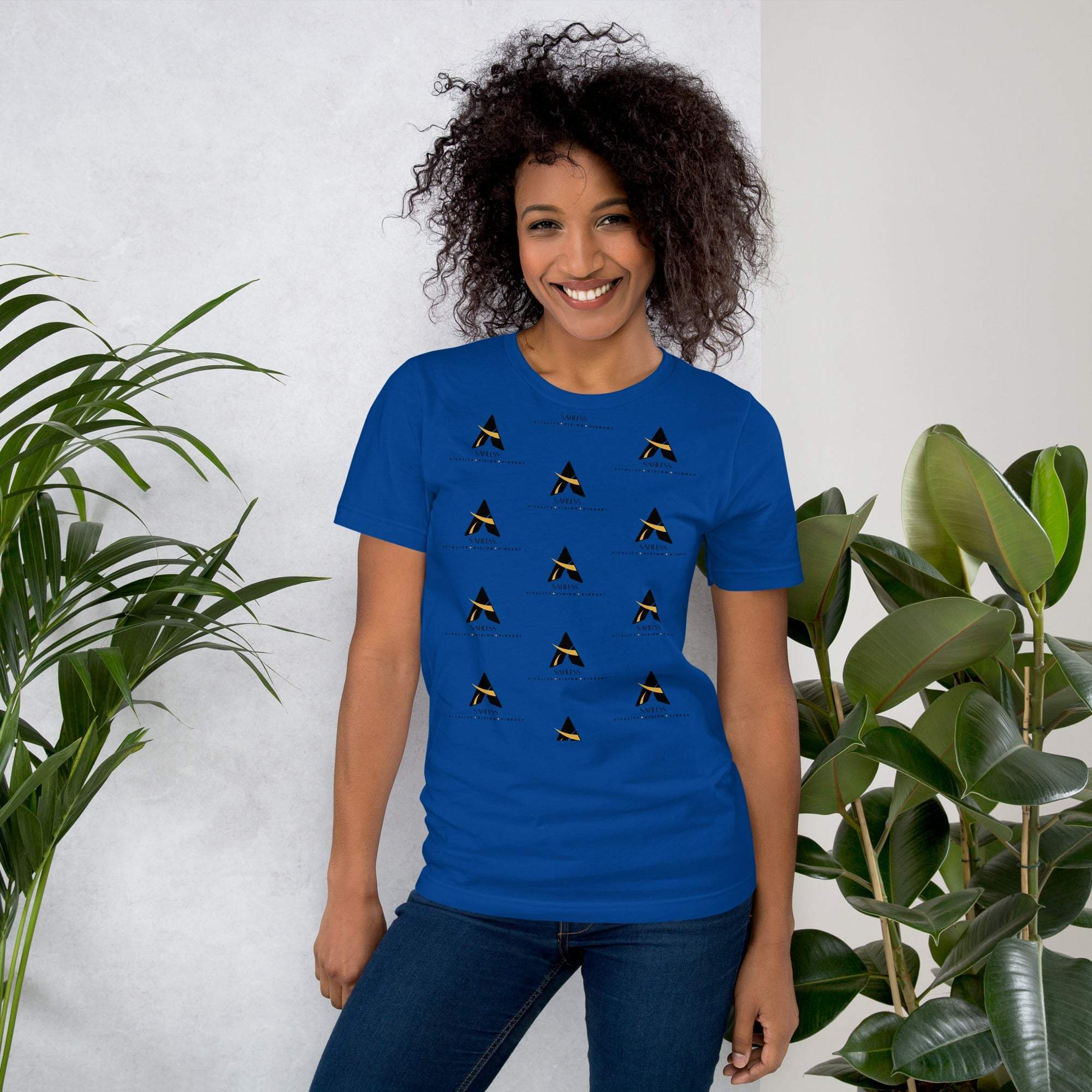 Unisex SahLess T-shirt in ocean blue, featuring lightweight cotton fabric for a comfortable laid-back style.
