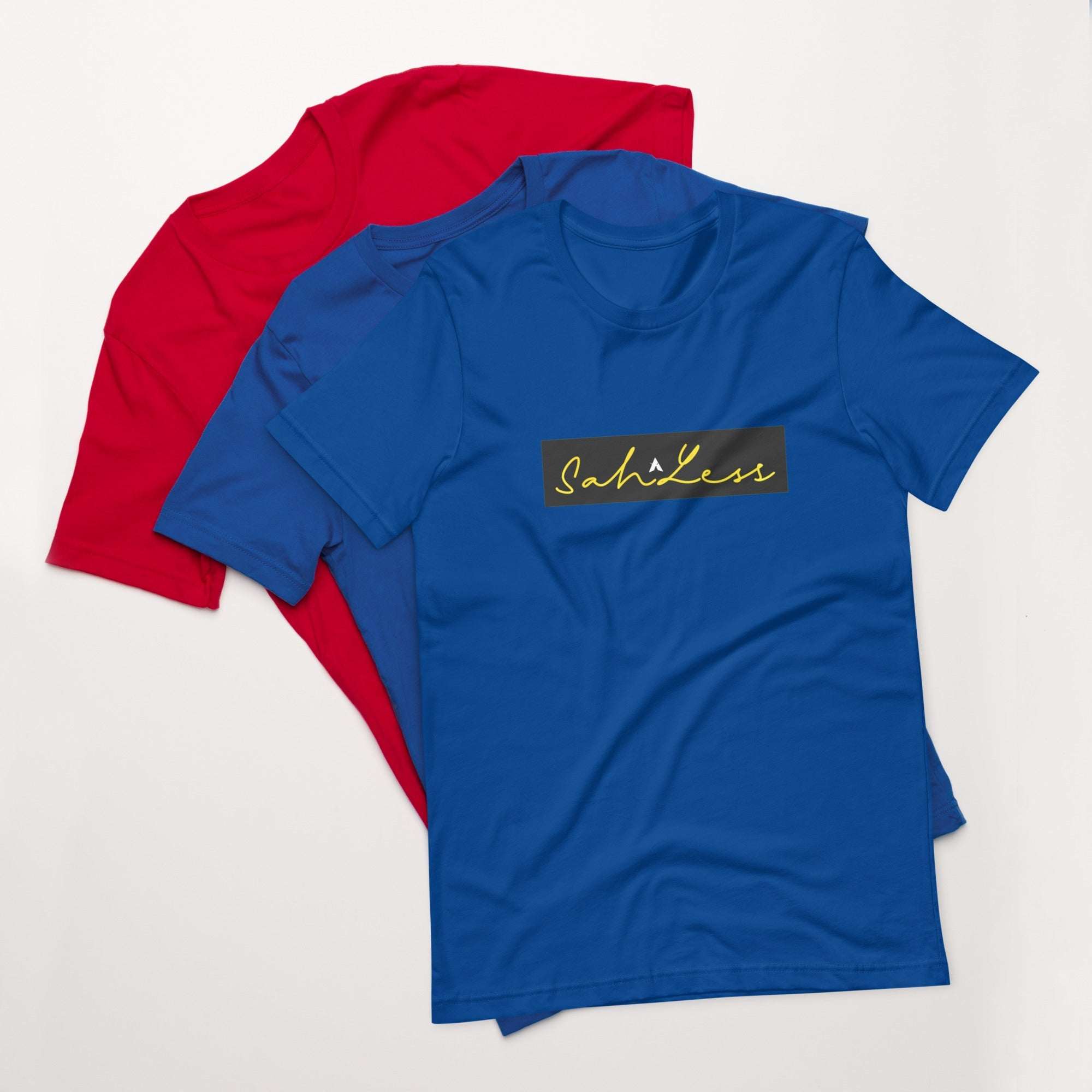 Blue Stamp Signature T-Shirt with SahLess logo and red tee in background.