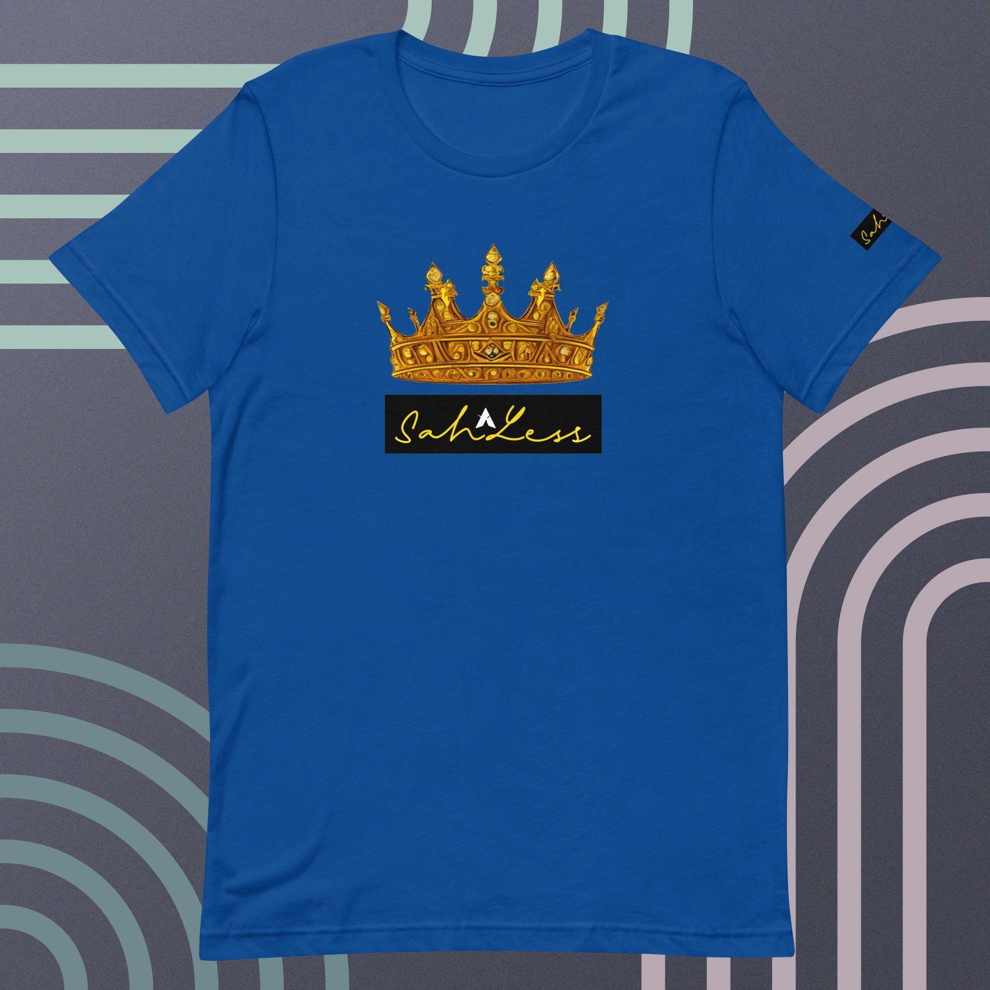 Unisex blue t-shirt with a crown and "SahLess" signature, soft ring-spun cotton.