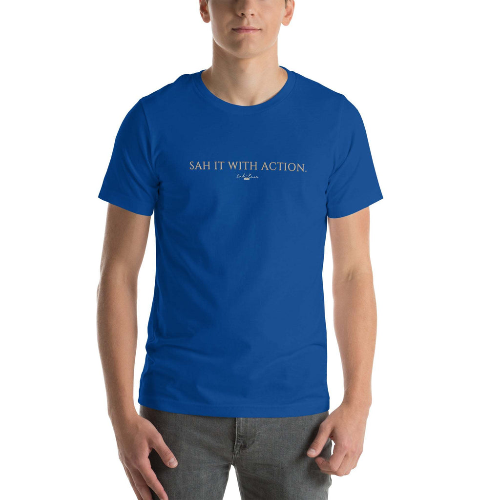 Black 'Sah it with Action' graphic unisex t-shirt featuring soft, breathable cotton fabric.