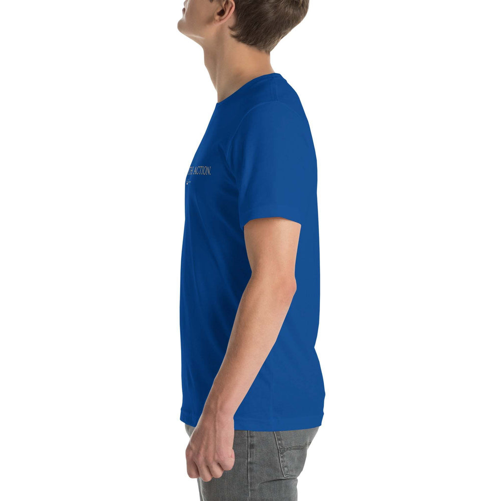 Black "Sah it with Action" graphic unisex t-shirt by Sahless, side view.