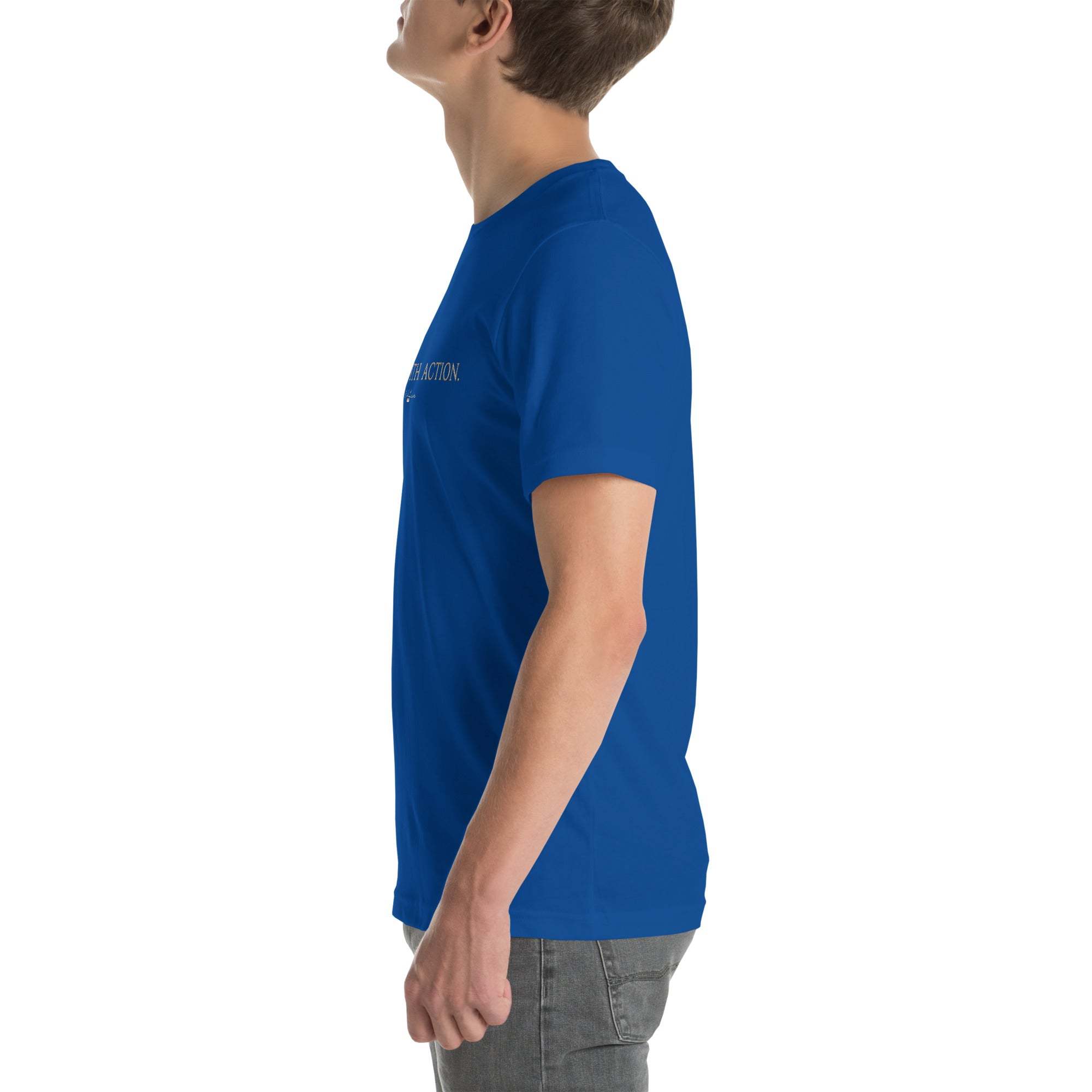 Black "Sah it with Action" graphic unisex t-shirt by Sahless, side view.