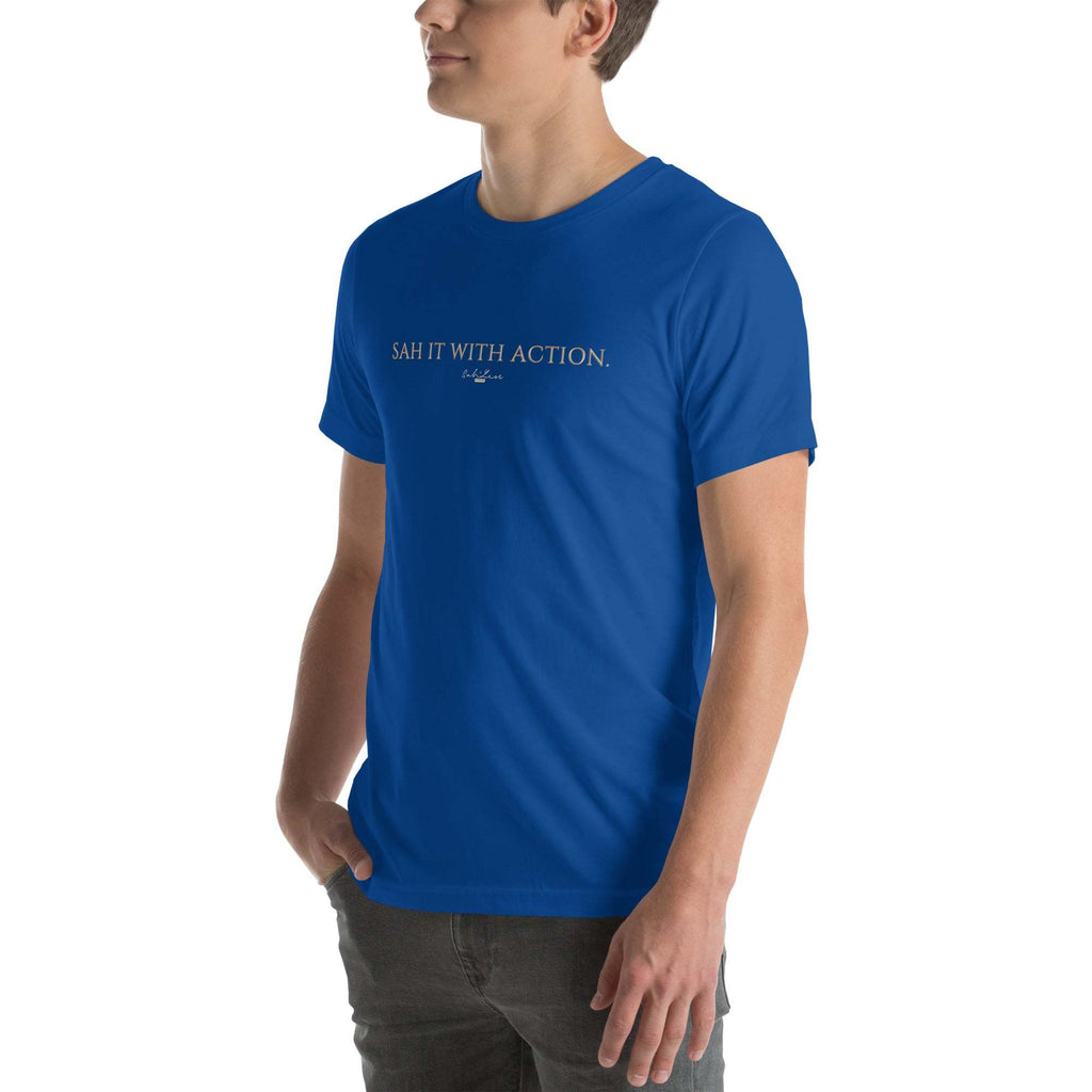 Unisex black T-shirt with 'Sah it with Action' graphic.