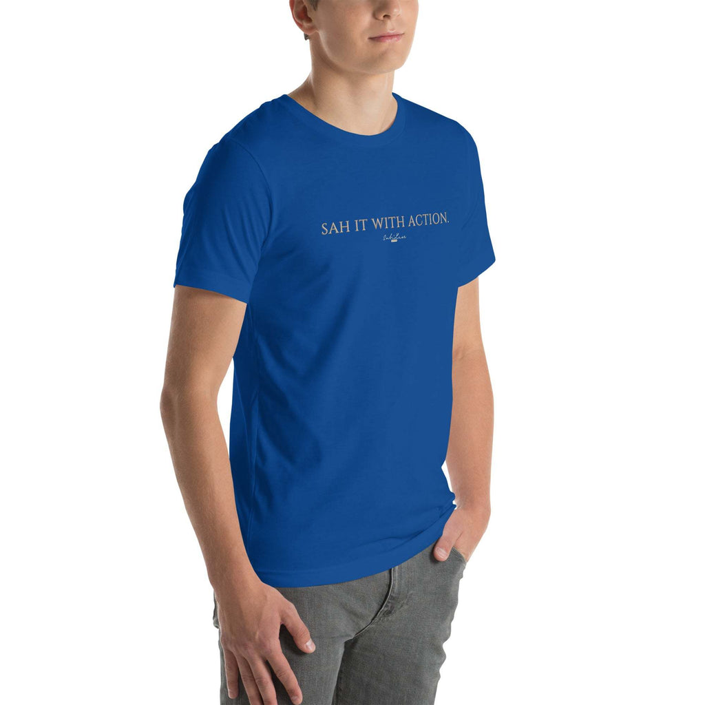 Unisex black t-shirt with "Sah it with Action" graphic, soft and breathable fabric.
