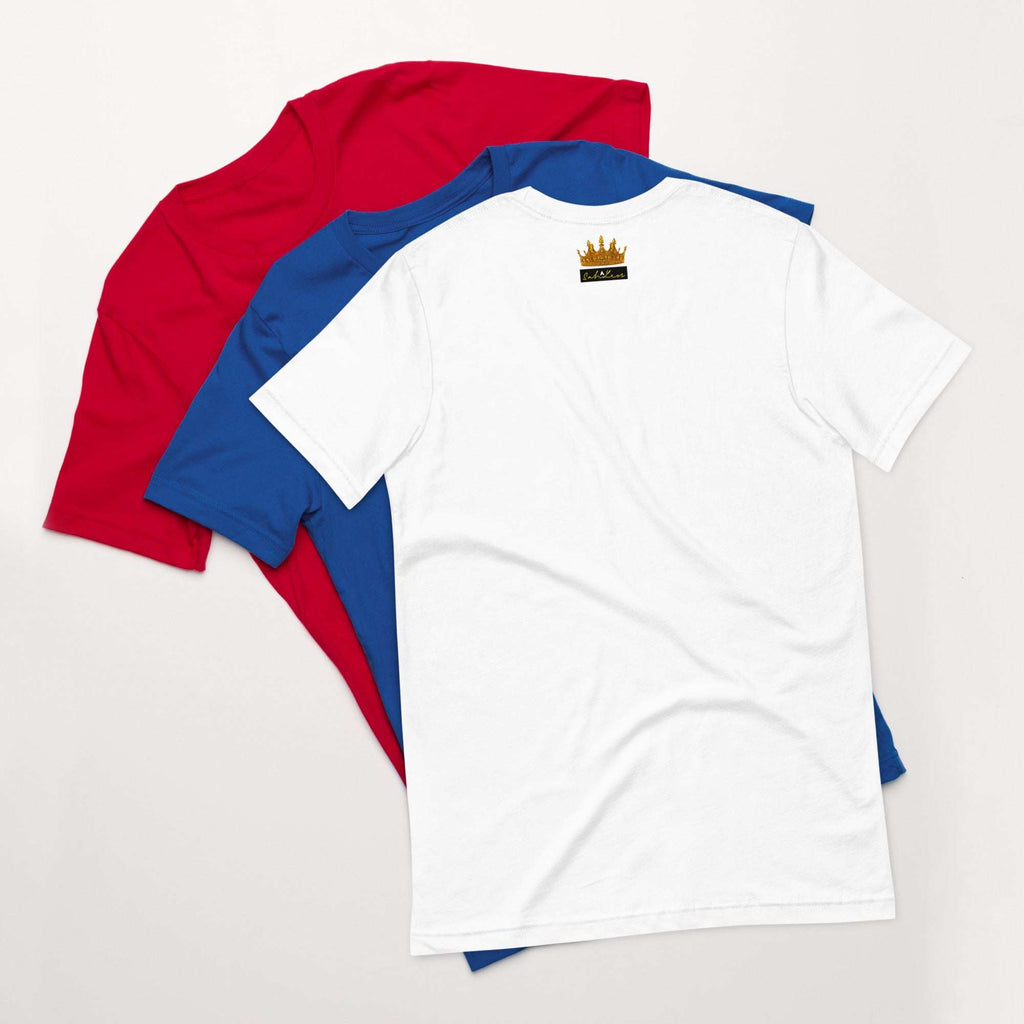 Unisex Stamp Signature T-Shirt in red, blue, and white colors.