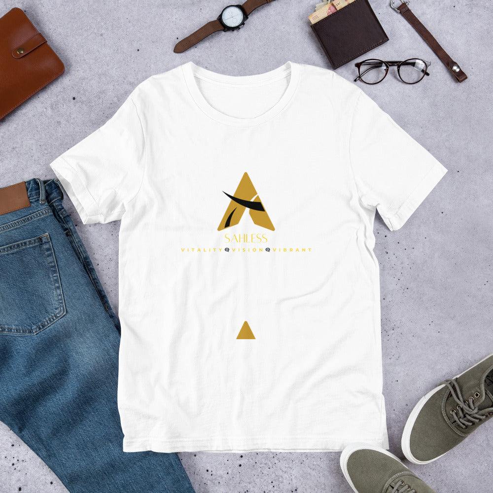 Unisex SahLess T-shirt in white with vibrant logo design, made from 100% combed and ring-spun cotton.