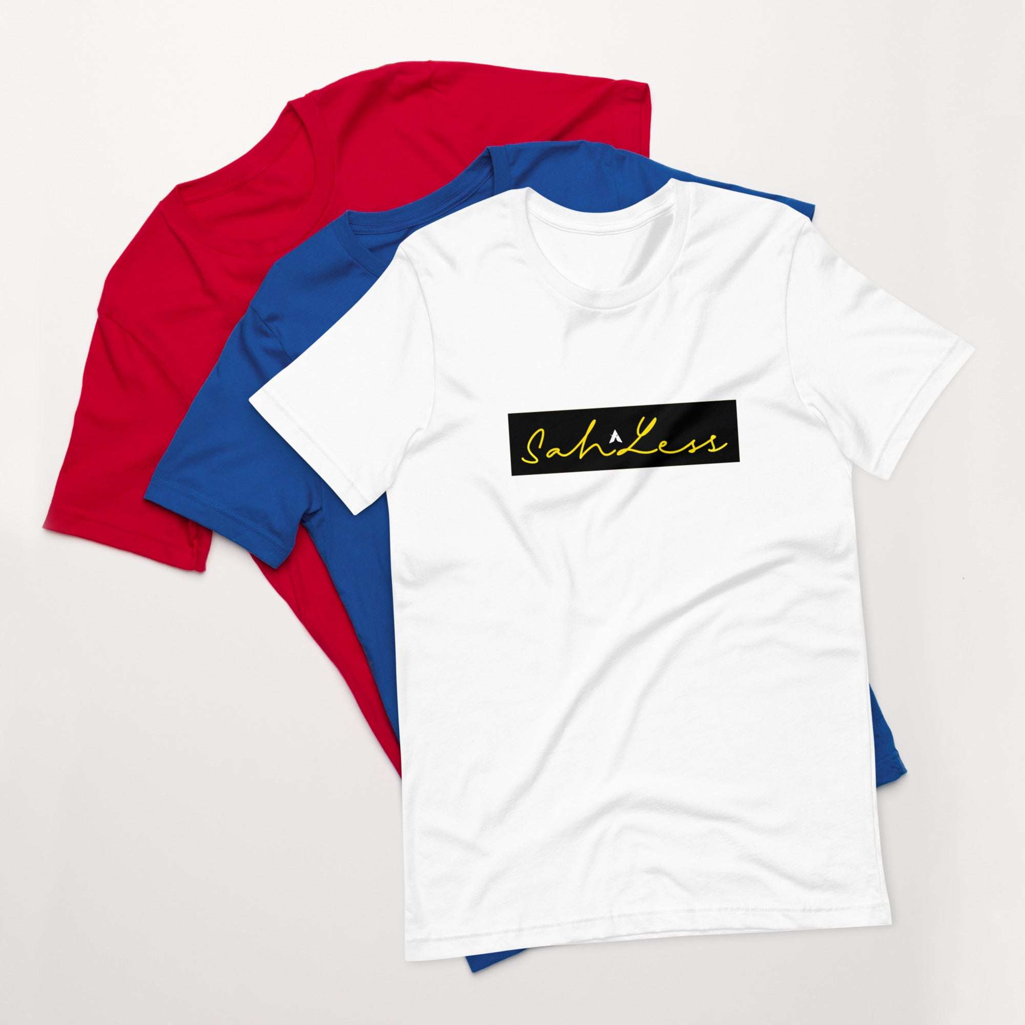 Stamp Signature SahLess Unisex T-Shirt in white, blue, and red, featuring lightweight cotton with a signature logo.