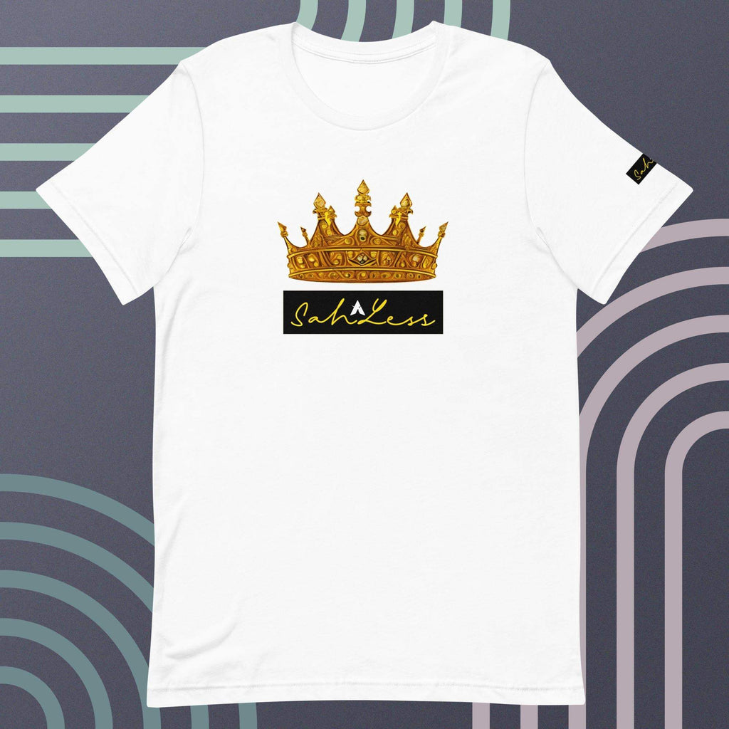 Unisex white t-shirt with a gold crown and "SahLess" signature design, soft and lightweight.