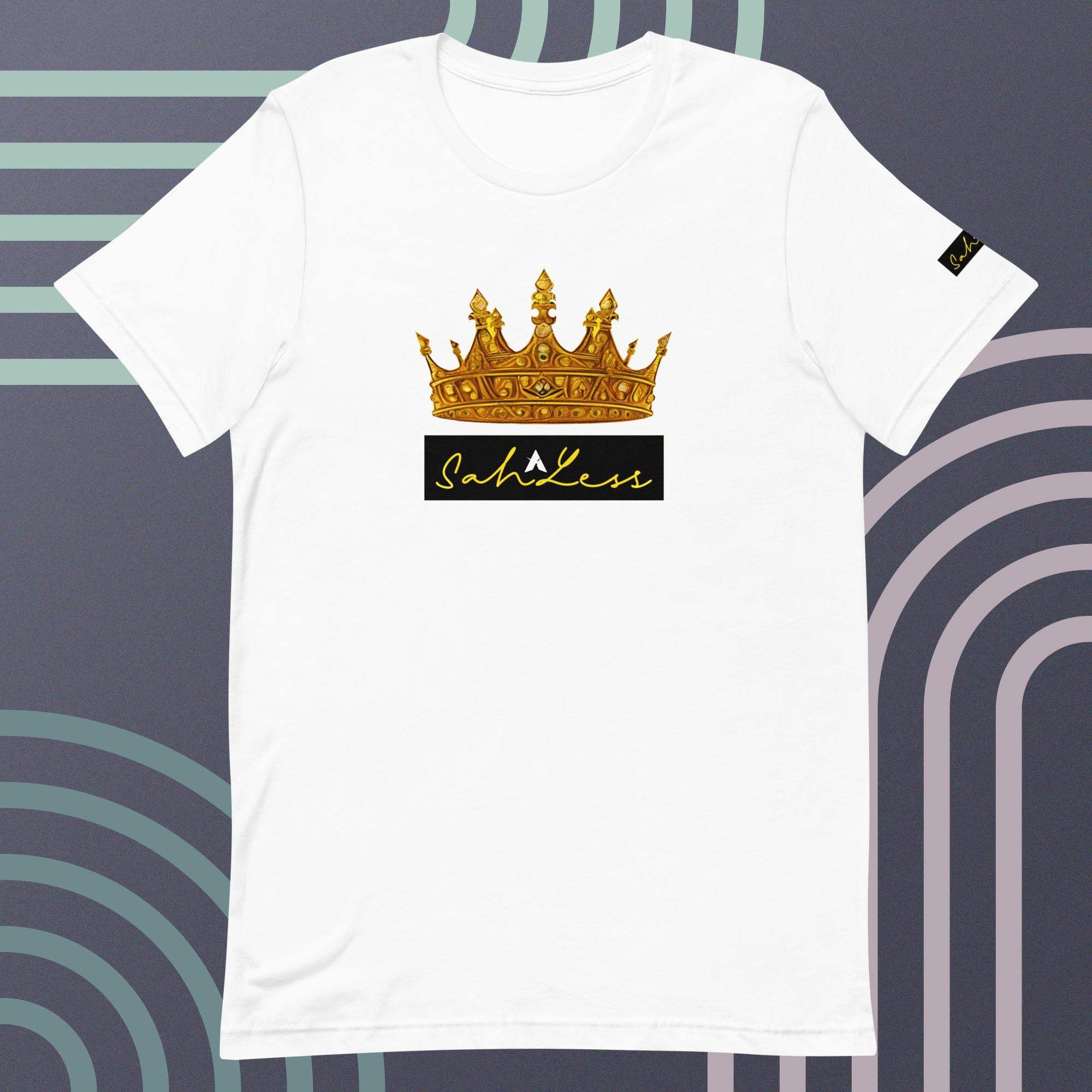 Unisex white t-shirt with a gold crown and "SahLess" signature design, soft and lightweight.