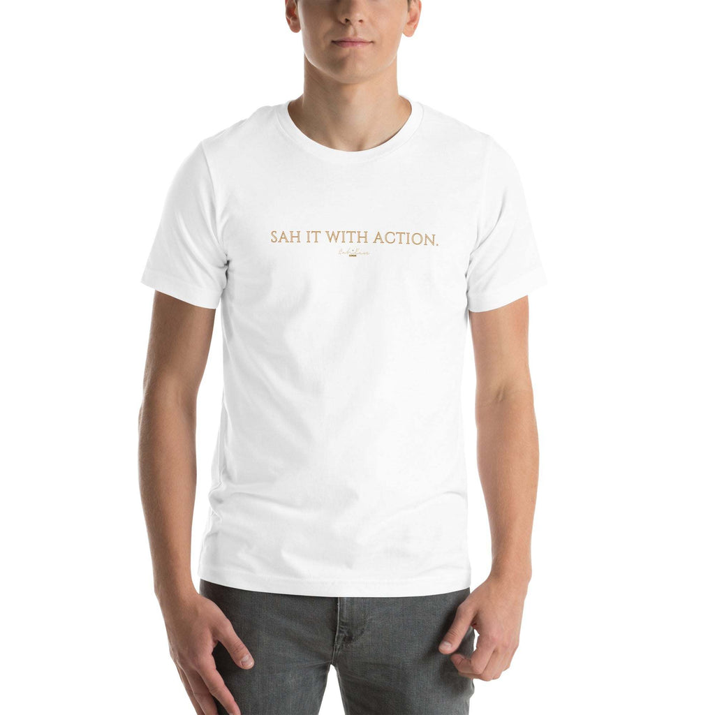 Black "Sah it with Action" graphic unisex T-shirt by Sahless, soft cotton.