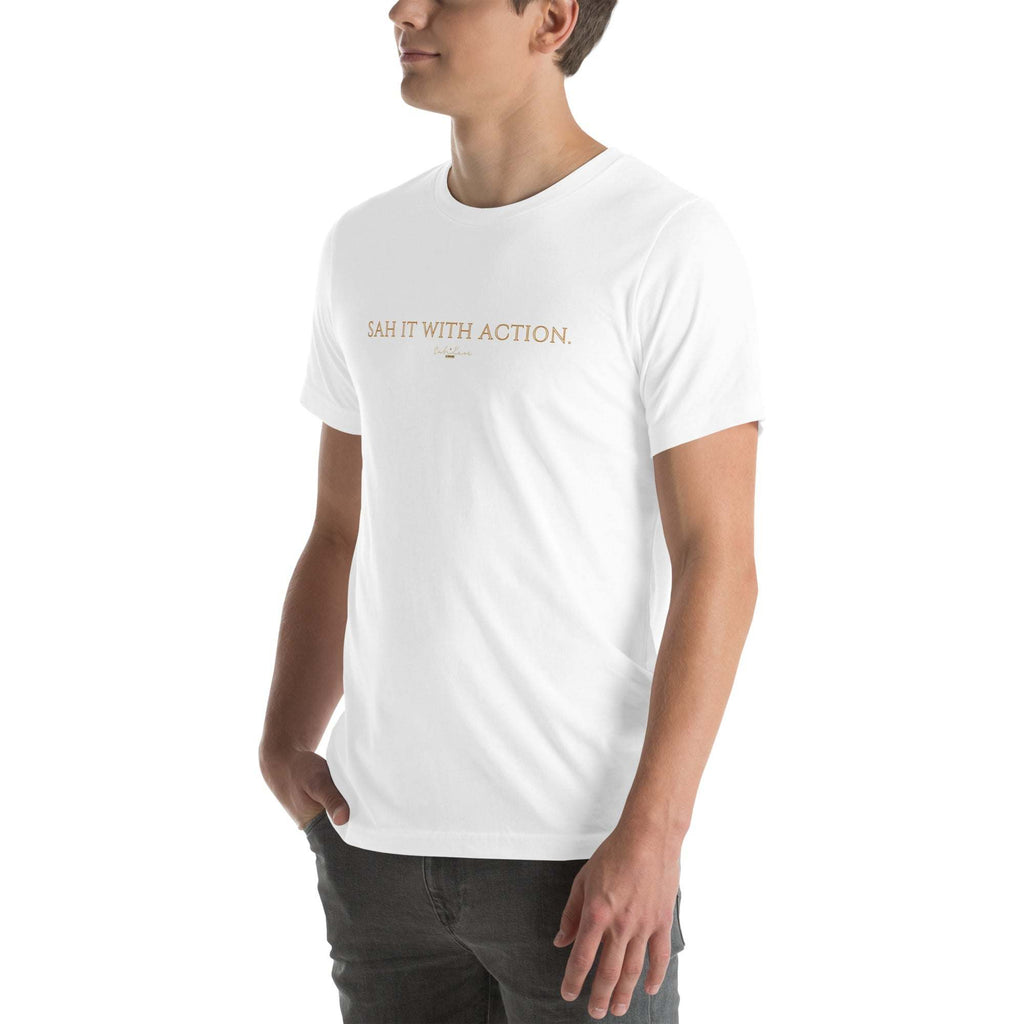 Black "Sah it with Action" graphic unisex T-shirt by Sahless, super soft and breathable.