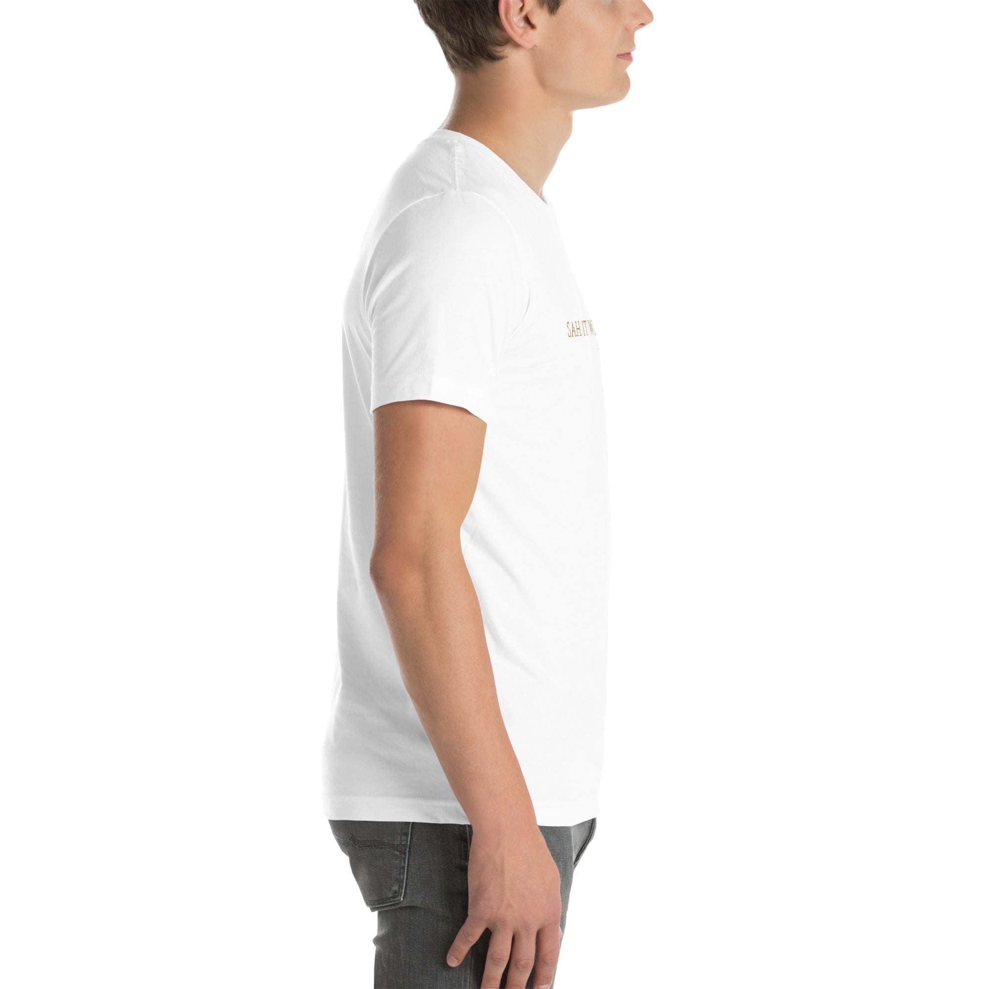 Black "Sah it with Action" graphic unisex T-shirt by Sahless.